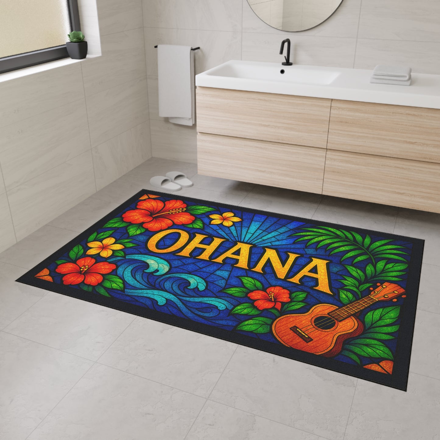 Ohana Welcome Mat - Tropical Hawaiian Rug for Entryway or Kitchen, Family Theme Doormat with Floral Aloha Vibes, Indoor Home Decor