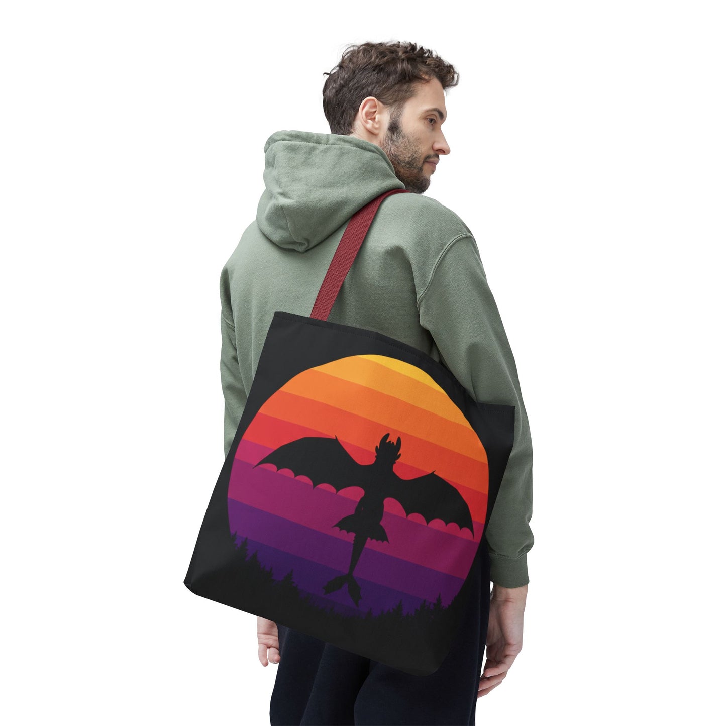 Sunset Dragon Flight Tote Bag, Reusable Eco-Friendly Shoulder Bag With Silhouette Design, Aesthetic Black Tote For Everyday Use And Gifts