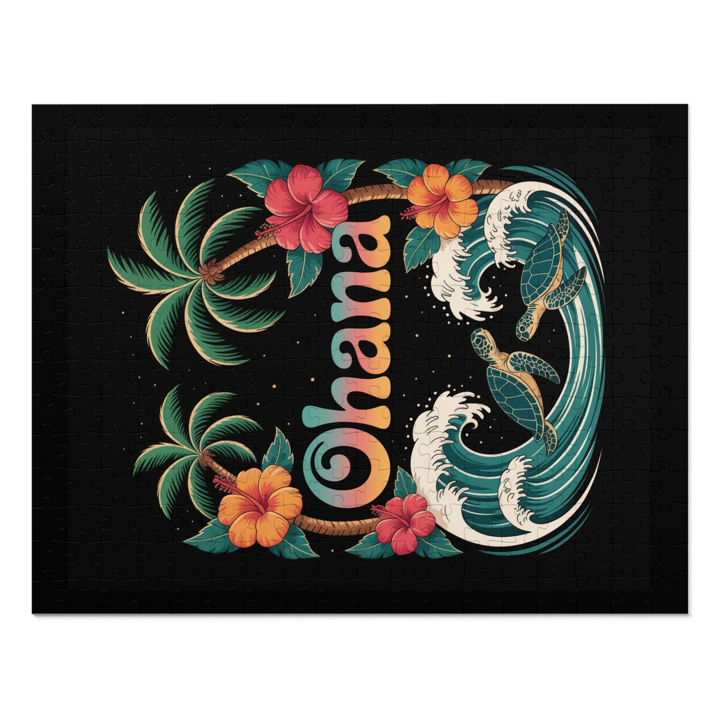 Ohana Jigsaw Puzzle - Retro Hawaiian Sea Turtle & Palm Tree Puzzle for Family Fun, Gift, or Decor - Tropical Beach Aesthetic Puzzle