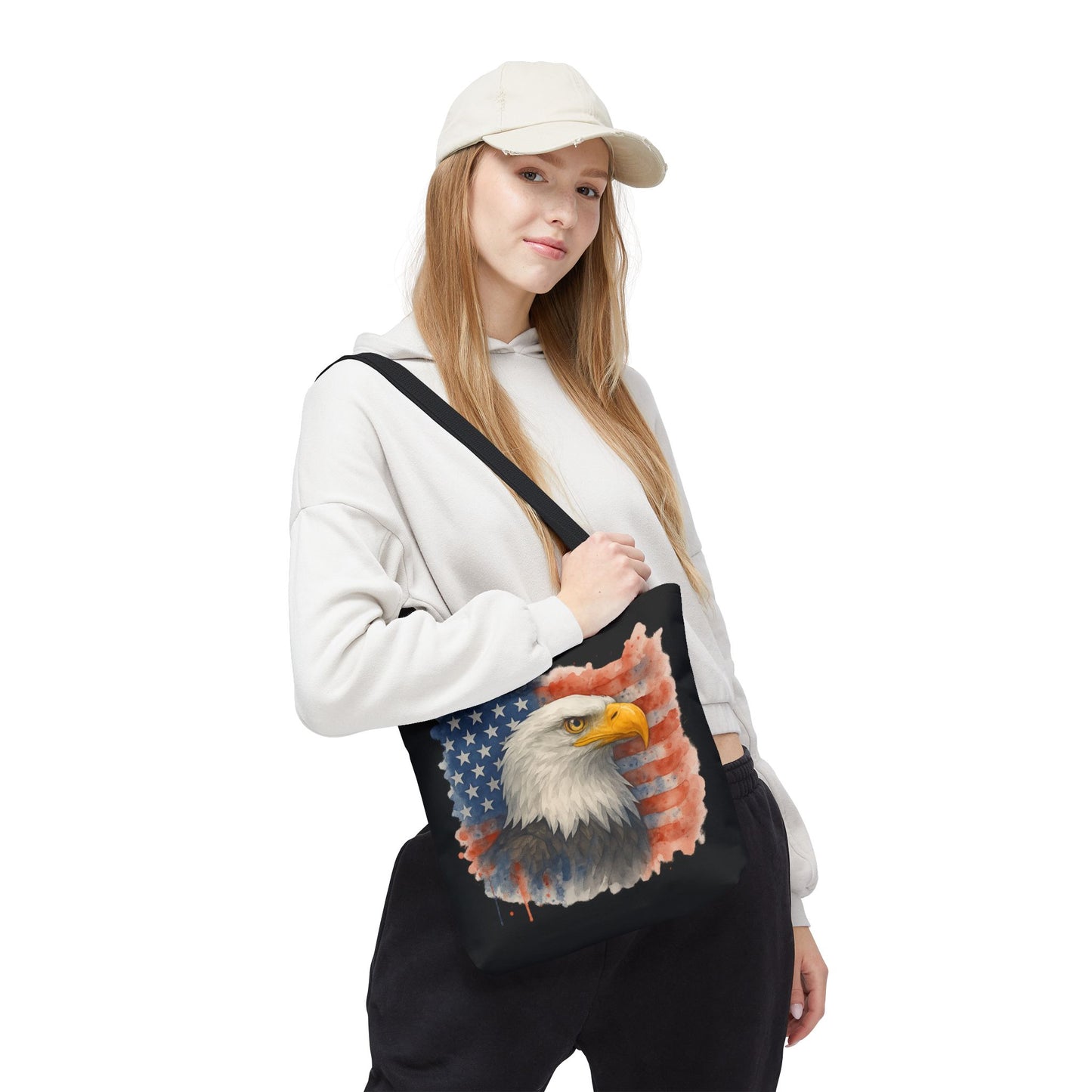 Patriotic Tote Bag with American Flag and Bald Eagle Watercolor Print 4th of July Bag Memorial Day Tote Veteran's Day Tote Bag