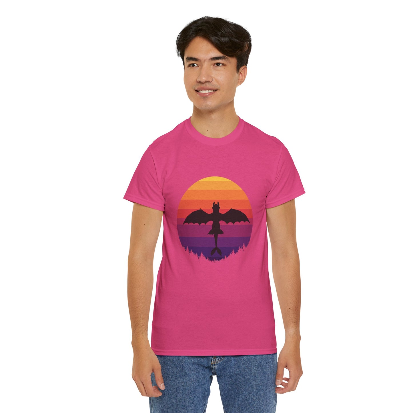 Night Dragon Sunset T-Shirt | Retro Dragon Silhouette Tee | Fantasy Dragon Shirt | Unisex Graphic Tee | Gift for Dragon Lovers
