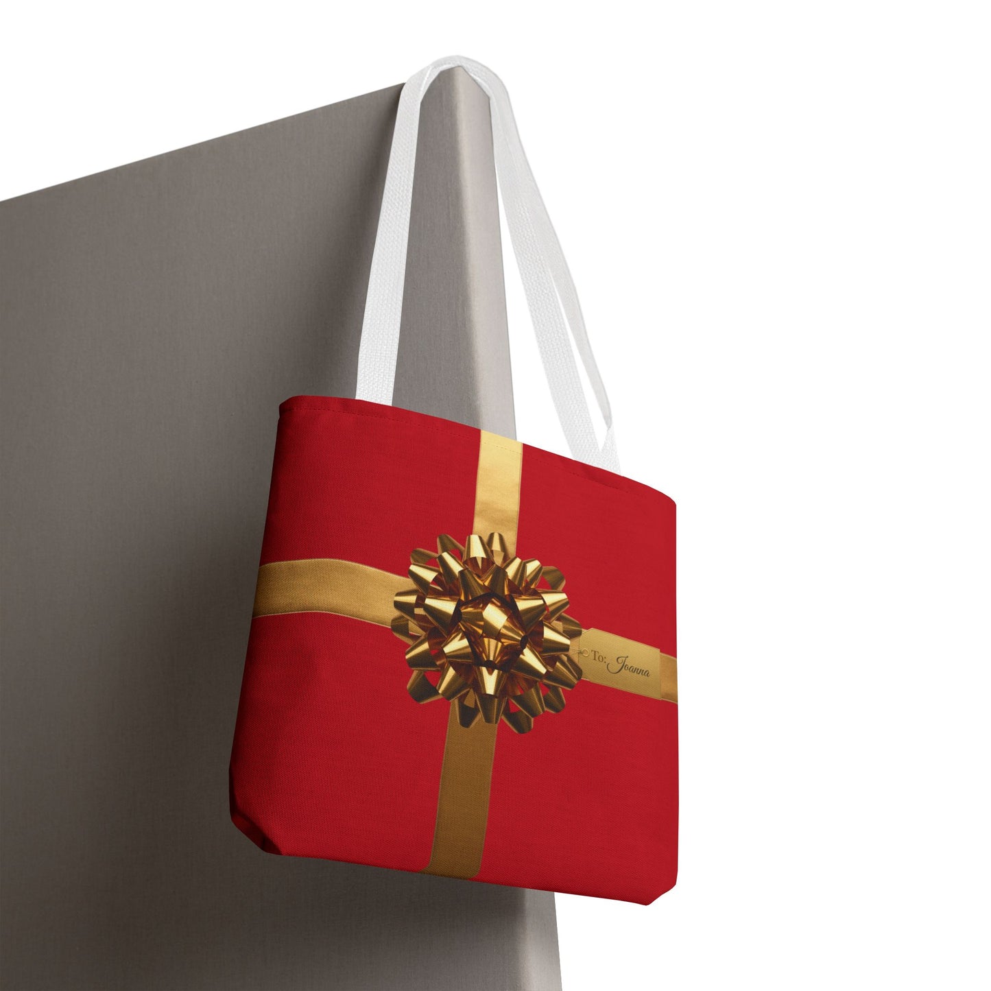 Custom Name Tote Bag | Red & Gold Gift Wrap Design | Personalized Holiday Tote with Luxury Bow | Perfect Christmas Gift Bag