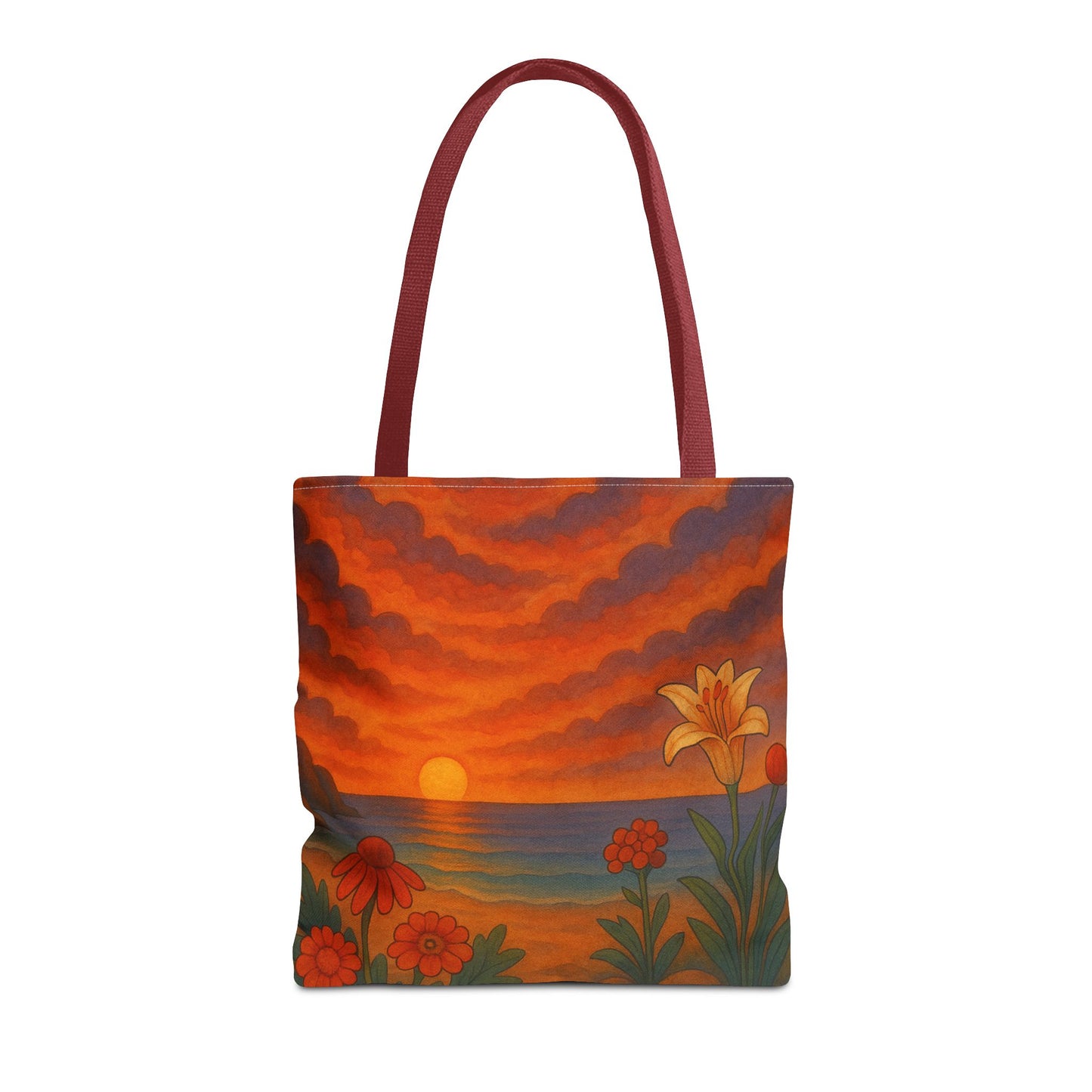 Retro Sunset Tote Bag with Wildflowers – Vibrant Floral Landscape Art, Nature-Inspired Reusable Bag, 70s Style Summer Accessory