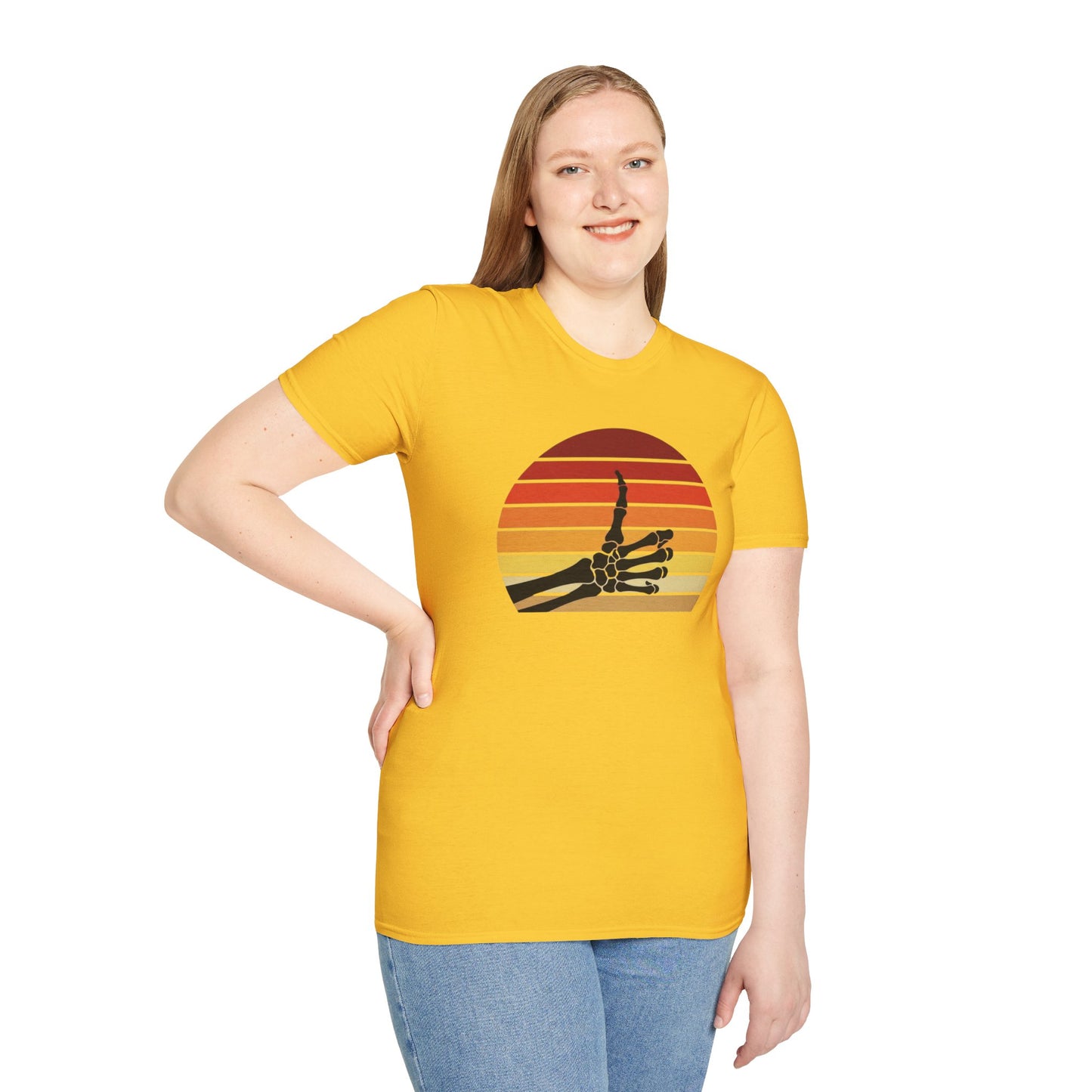 Skeleton Hand Rock On Shirt - Retro Sunset Halloween T-Shirt, Spooky Skeleton Finger Tee, Vintage 70s Style Goth Shirt, Unisex Sizes
