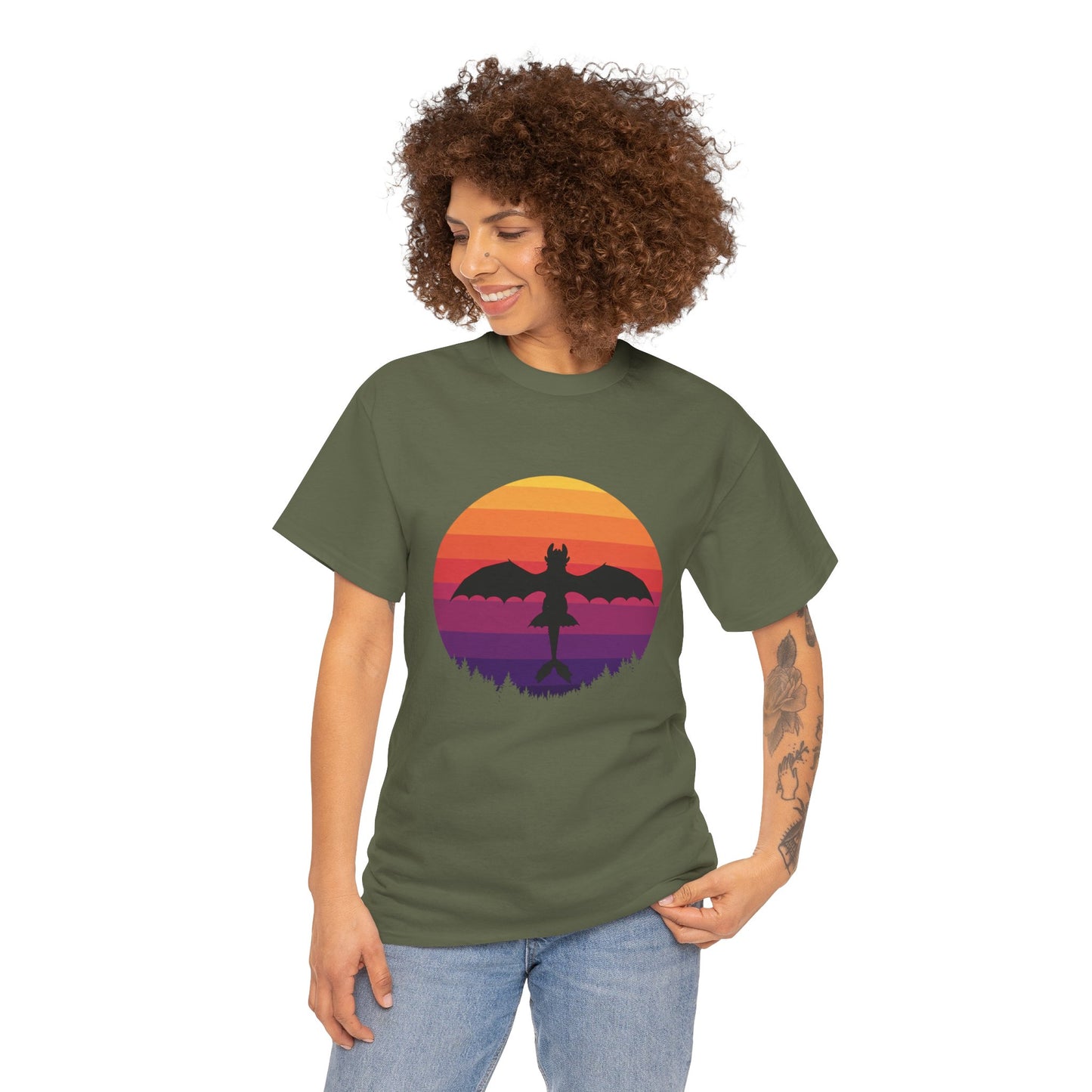 Night Dragon Sunset T-Shirt | Retro Dragon Silhouette Tee | Fantasy Dragon Shirt | Unisex Graphic Tee | Gift for Dragon Lovers