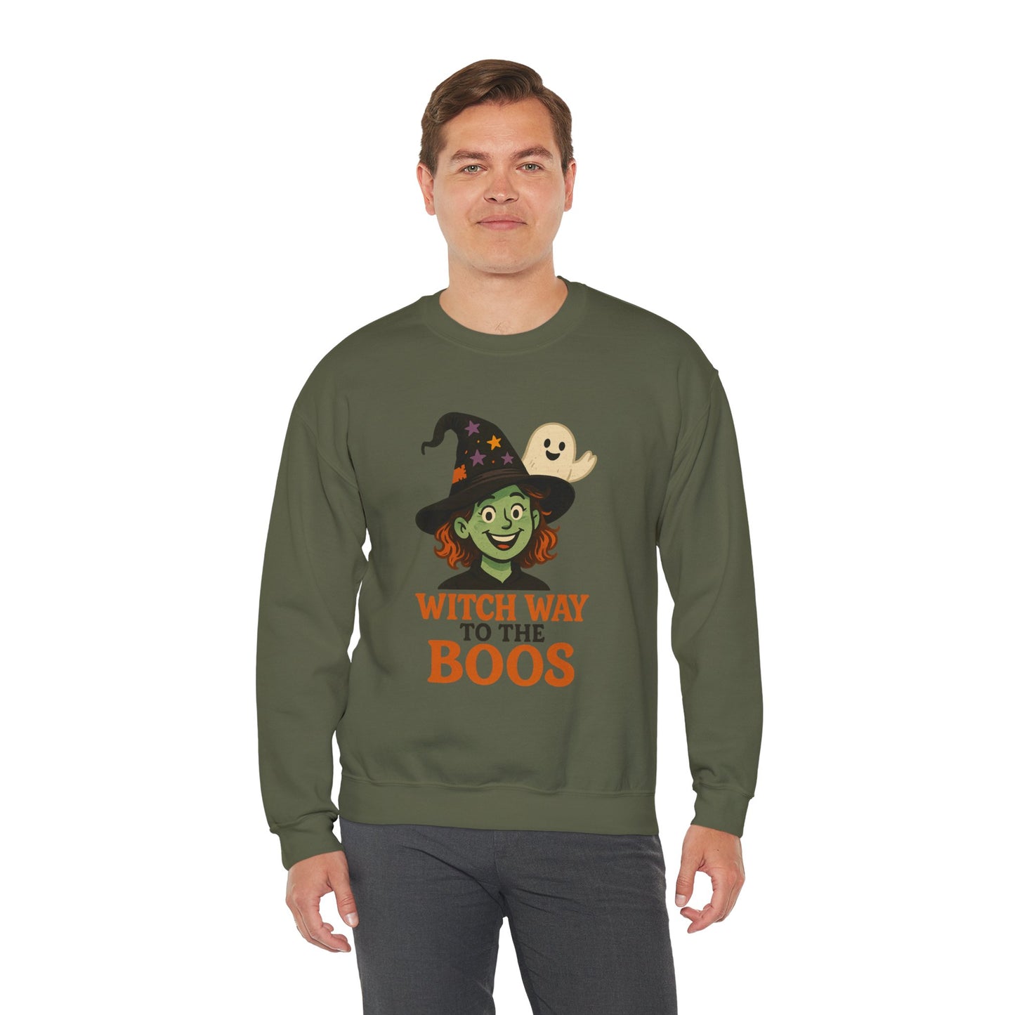 Witch Way To The Boos Sweatshirt, Funny Witch Halloween Crewneck, Witchy Ghost Sweatshirt, Spooky Season Graphic Pullover, Lighthearted Halloween Wear