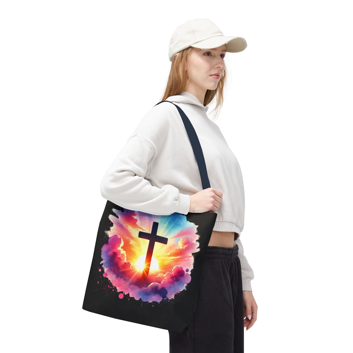 Inspirational Watercolor Sunrise Cross Tote Bag – Faith Art Canvas Tote, Christian Gift, Spiritual Aesthetic, Colorful Bible Verse Tote – Reusable Black Tote