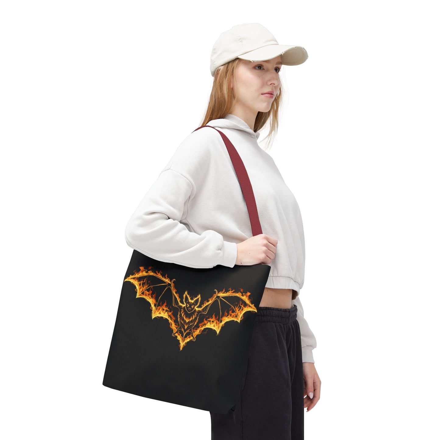 Flaming Bat Tote Bag, Gothic Halloween Canvas Tote, Fiery Wing Bat Design Tote, Spooky Season Accessory, Gothic Gift Tote