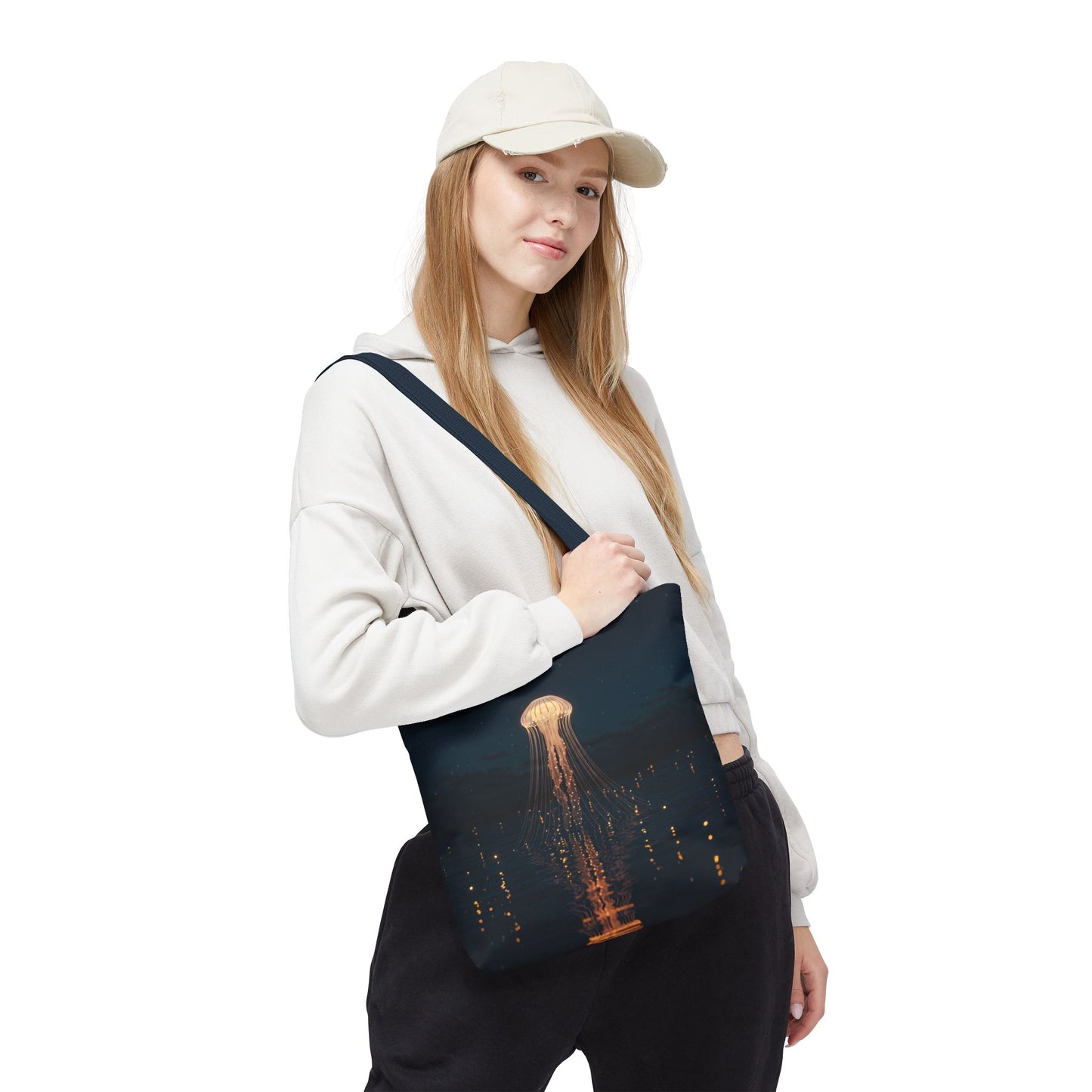 Luminous Jellyfish Tote Bag, Glow-Inspired Ocean Design Shoulder Bag, Durable Polyester Tote For Everyday Style, Gifts, And Coastal Fashion