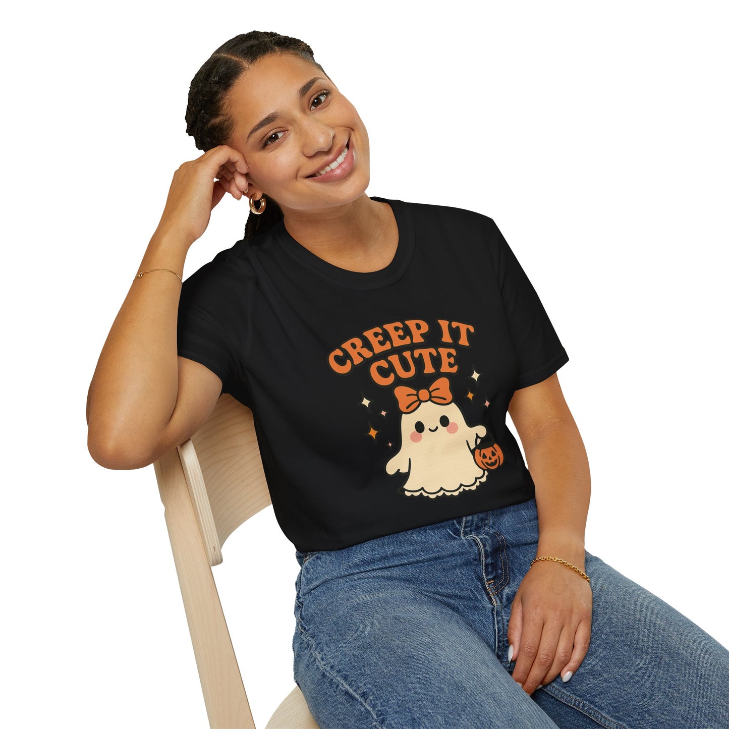 Creep It Cute Ghost Halloween Shirt - Kawaii Ghost Tee with Bow and Pumpkin, Spooky-Cute Fall Graphic T-Shirt, Spooky Season Halloween Top
