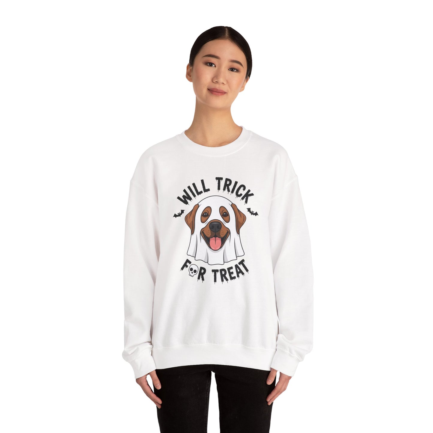 Will Trick for Treat Sweatshirt, Ghost Dog Halloween Crewneck, Funny Pet Costume Graphic Pullover, Trick-or-Treat Dog Lover Gift Sweater