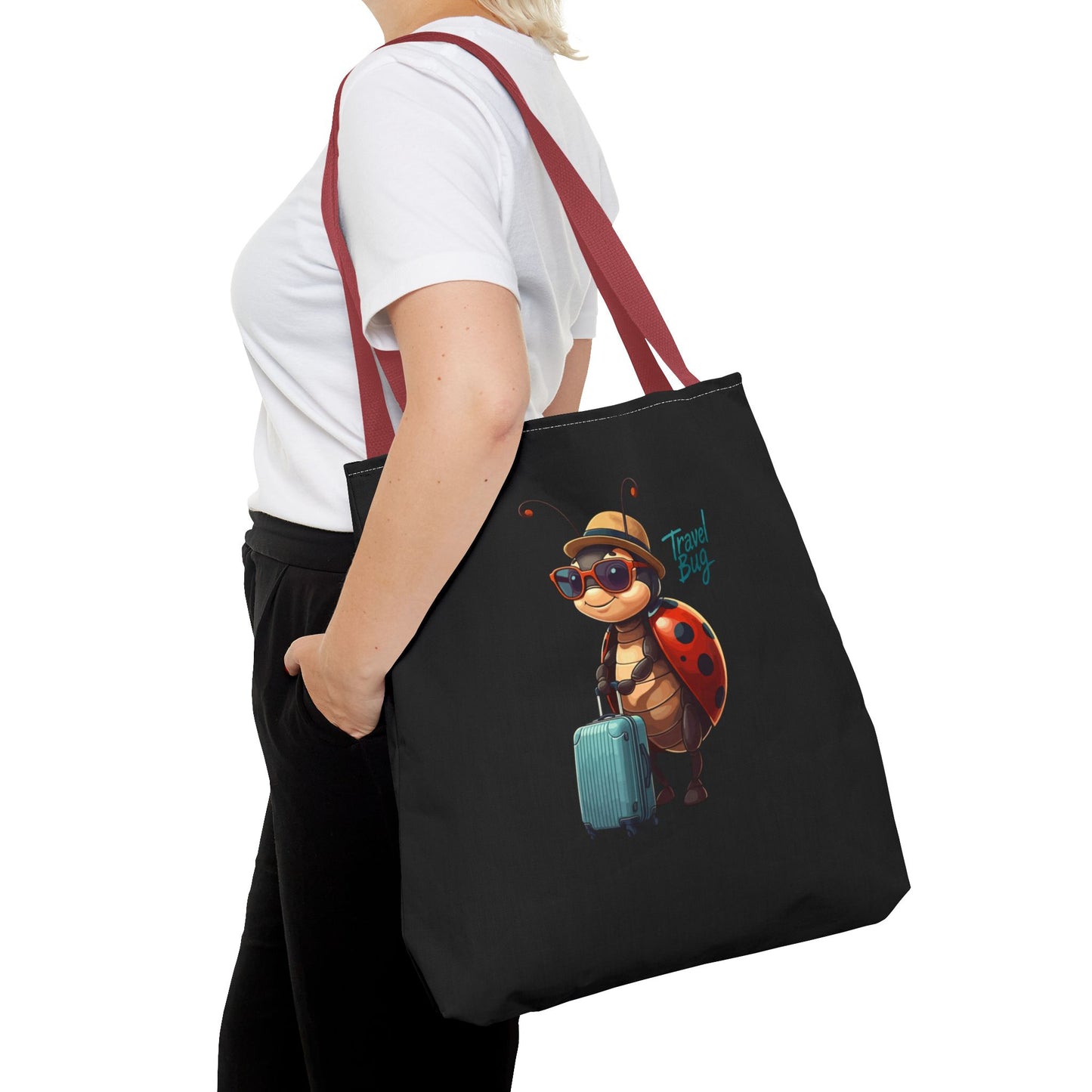Travel Bug Tote Bag | Cute Ladybug with Suitcase Art Tote – Whimsical Travel Accessory, Aesthetic Canvas Bag | Gift for Travelers