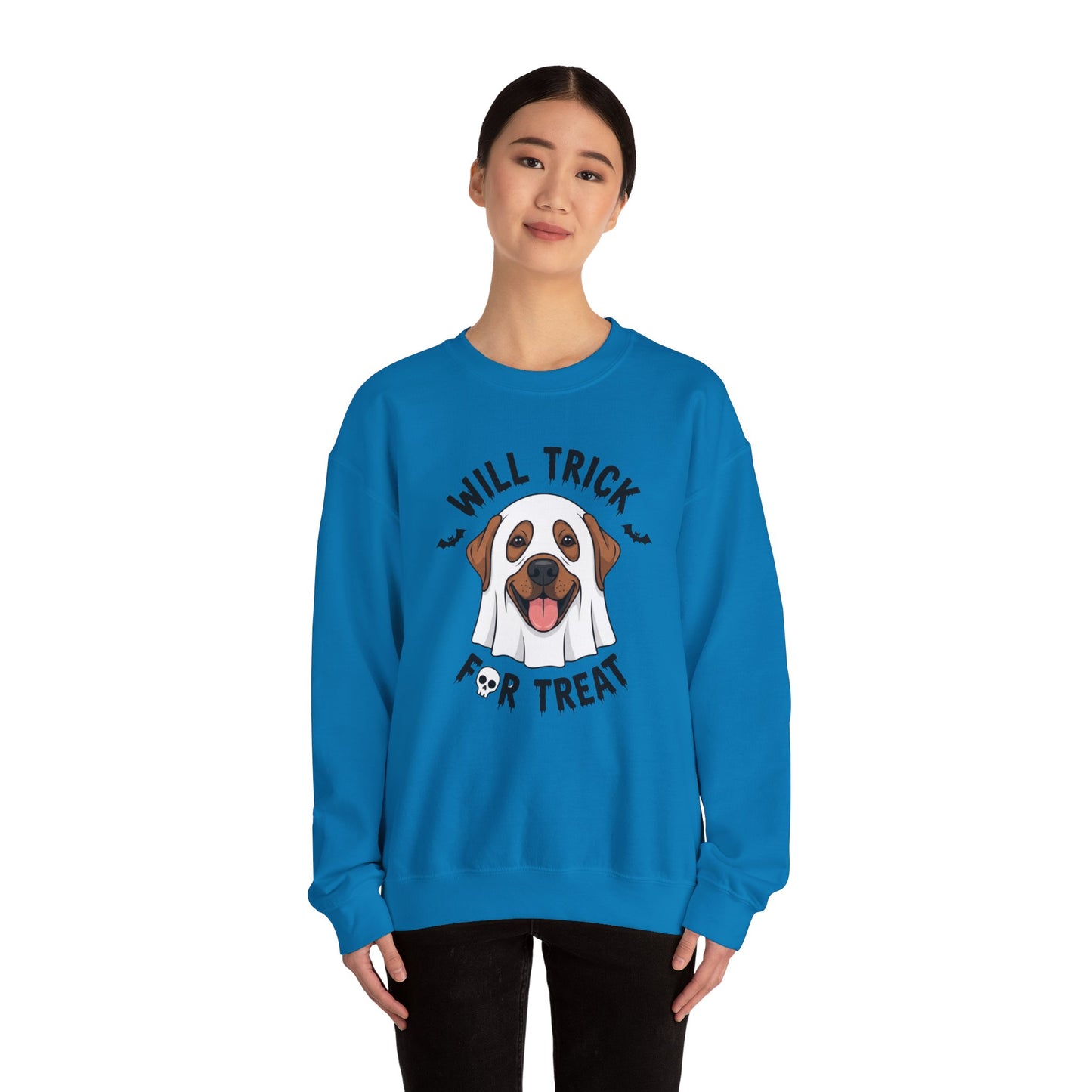 Will Trick for Treat Sweatshirt, Ghost Dog Halloween Crewneck, Funny Pet Costume Graphic Pullover, Trick-or-Treat Dog Lover Gift Sweater