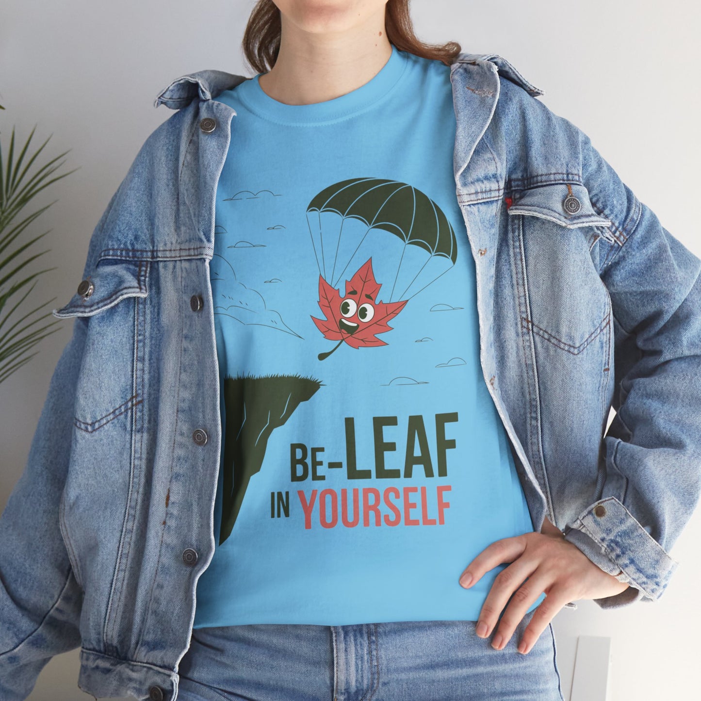 Be-Leaf In Yourself Maple Leaf Parachute T-Shirt | Funny Motivational Nature Graphic Tee | Self-Love Fall Autumn Shirt | Outdoorsy Gift