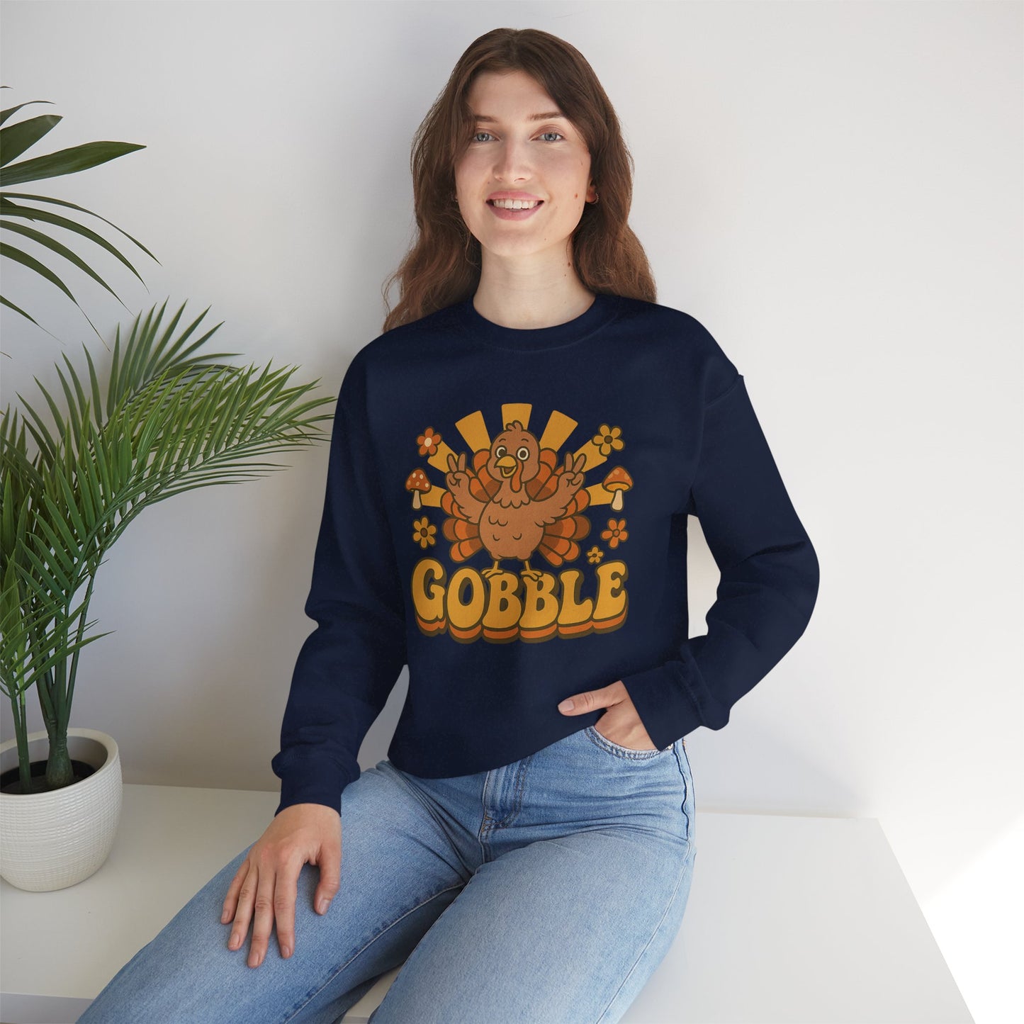 Gobble Turkey Sweatshirt, Retro Fall Turkey Crewneck, Thanksgiving Graphic Pullover, Autumn Mushroom & Flower Design, Cozy Fall Top