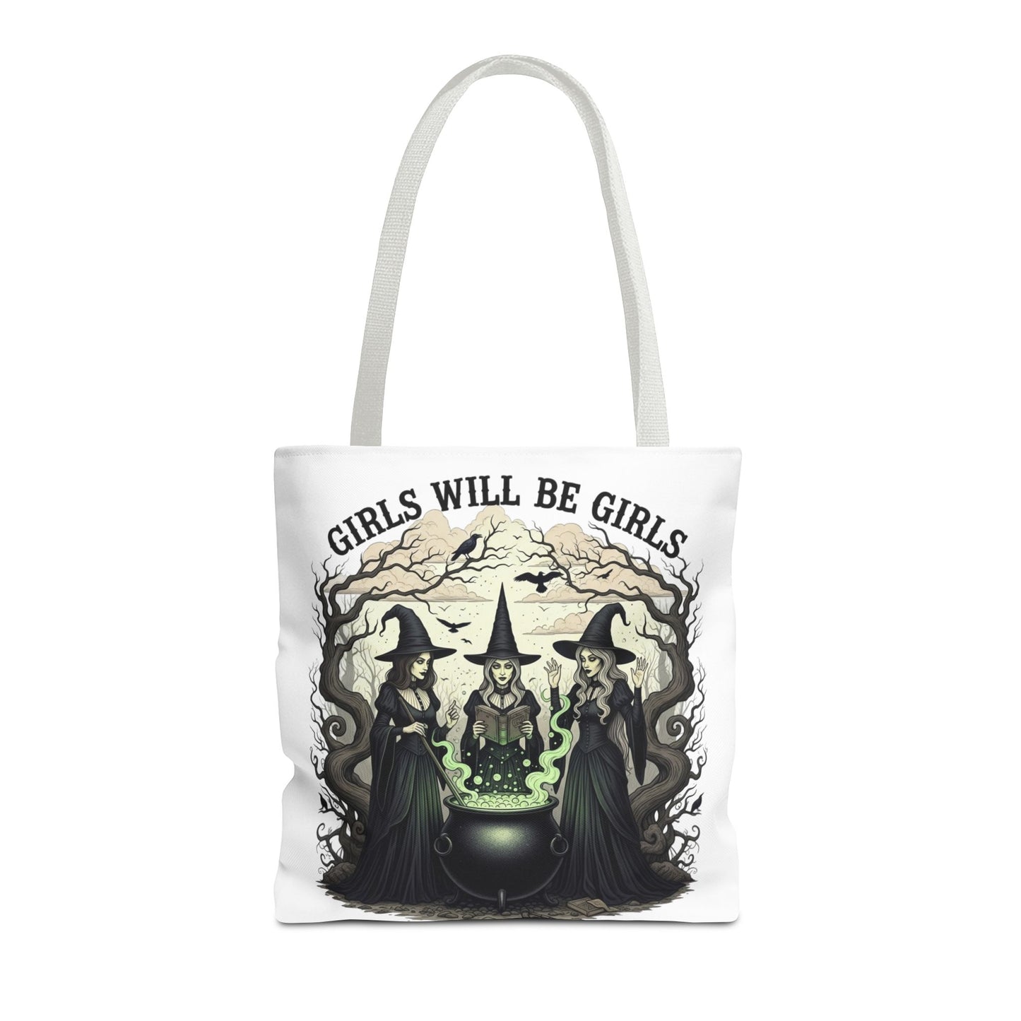 Girls Will Be Girls Halloween Tote Bag, Witchy Aesthetic Bag, Gothic Witches Cauldron Art, Spooky Gift, Reusable Eco Tote For Halloween Lovers