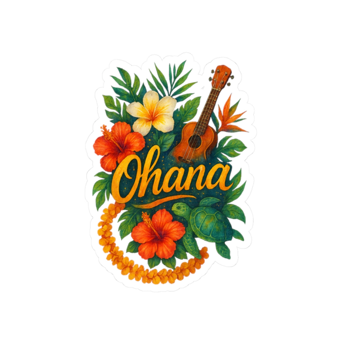 Ohana Hawaiian Sticker - Tropical Flower, Ukulele & Sea Turtle Vinyl Decal - Waterproof Laptop, Water Bottle, Family Gift Idea