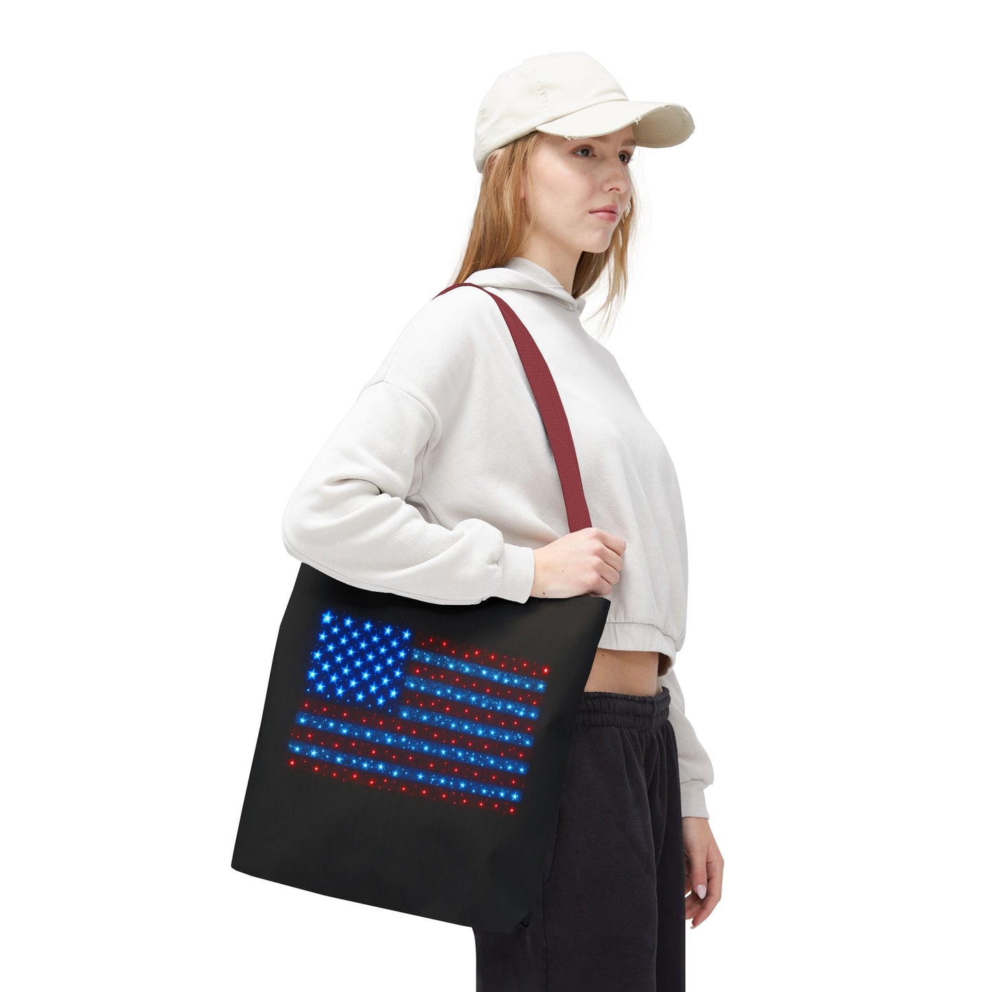 Galaxy Bioluminescent USA Flag Tote Bag - Patriotic Cosmic Canvas Shopper - Starry Red White Blue Tote Non-Glow - 4th July Gift