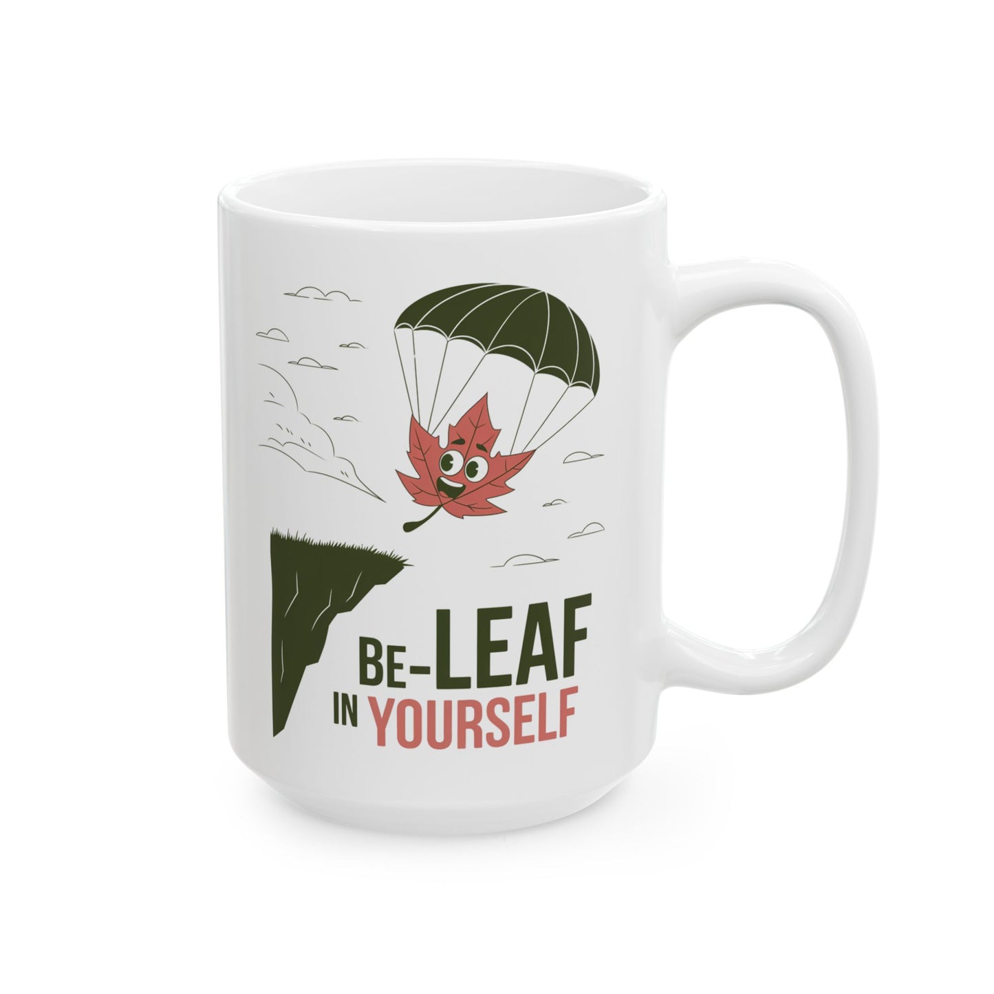 Be-Leaf In Yourself Mug – Motivational Leaf Parachute Design on Ceramic Coffee Cup, Positive Affirmation Gift for Fall Lovers & Nature Enthusiasts