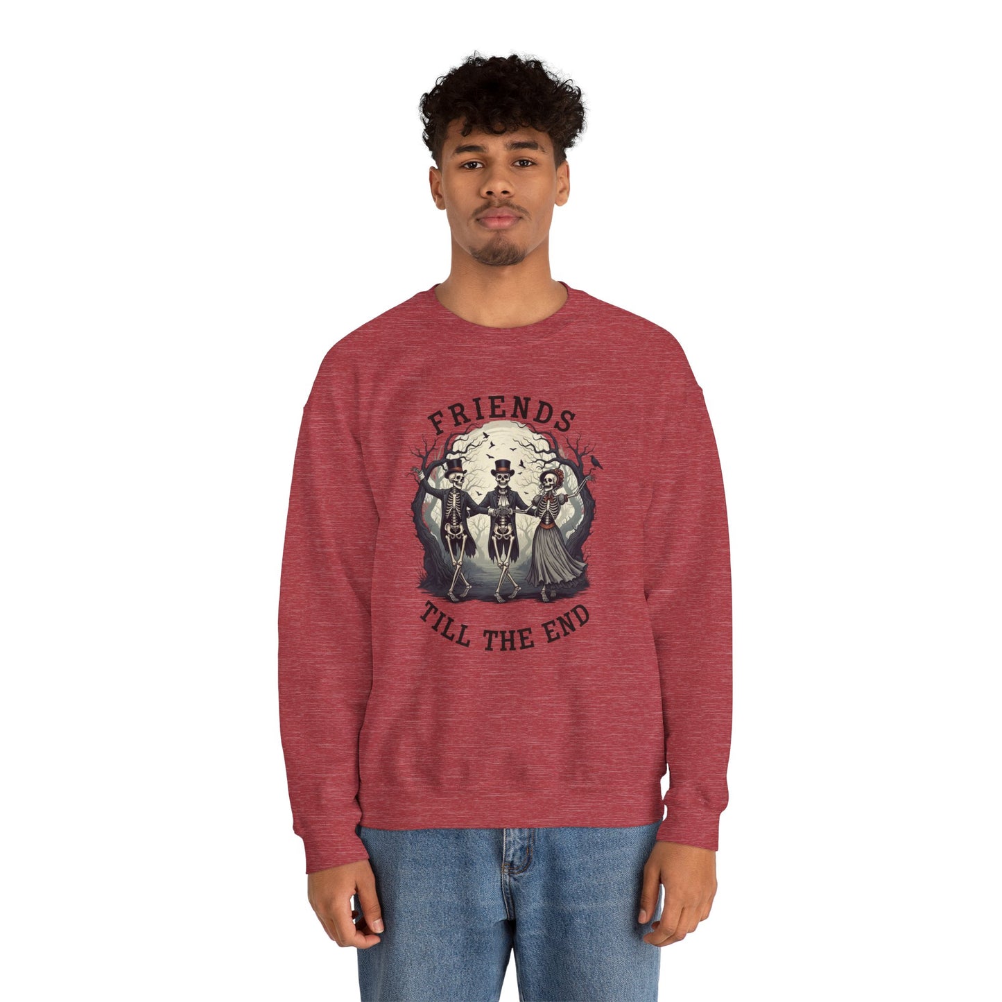 Friends Till The End Skeleton Sweatshirt | Dancing Skeletons Halloween Crewneck | Spooky Fall Graphic Pullover Gift for Bestie