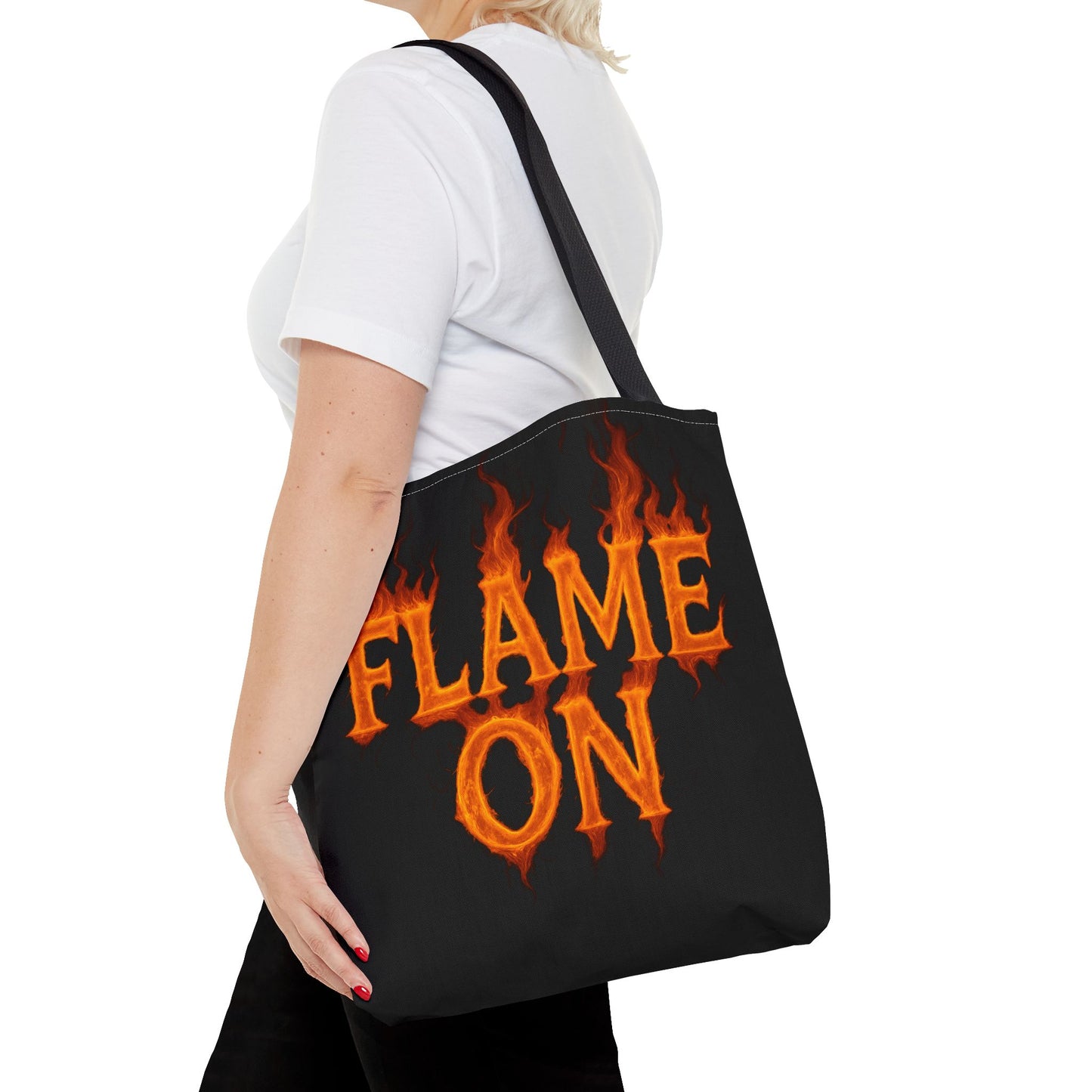 Flame On Tote Bag - Fire Typography Black Bag for Book Lovers, Gym, or Groceries | Bold Comic-Inspired Catchphrase Tote