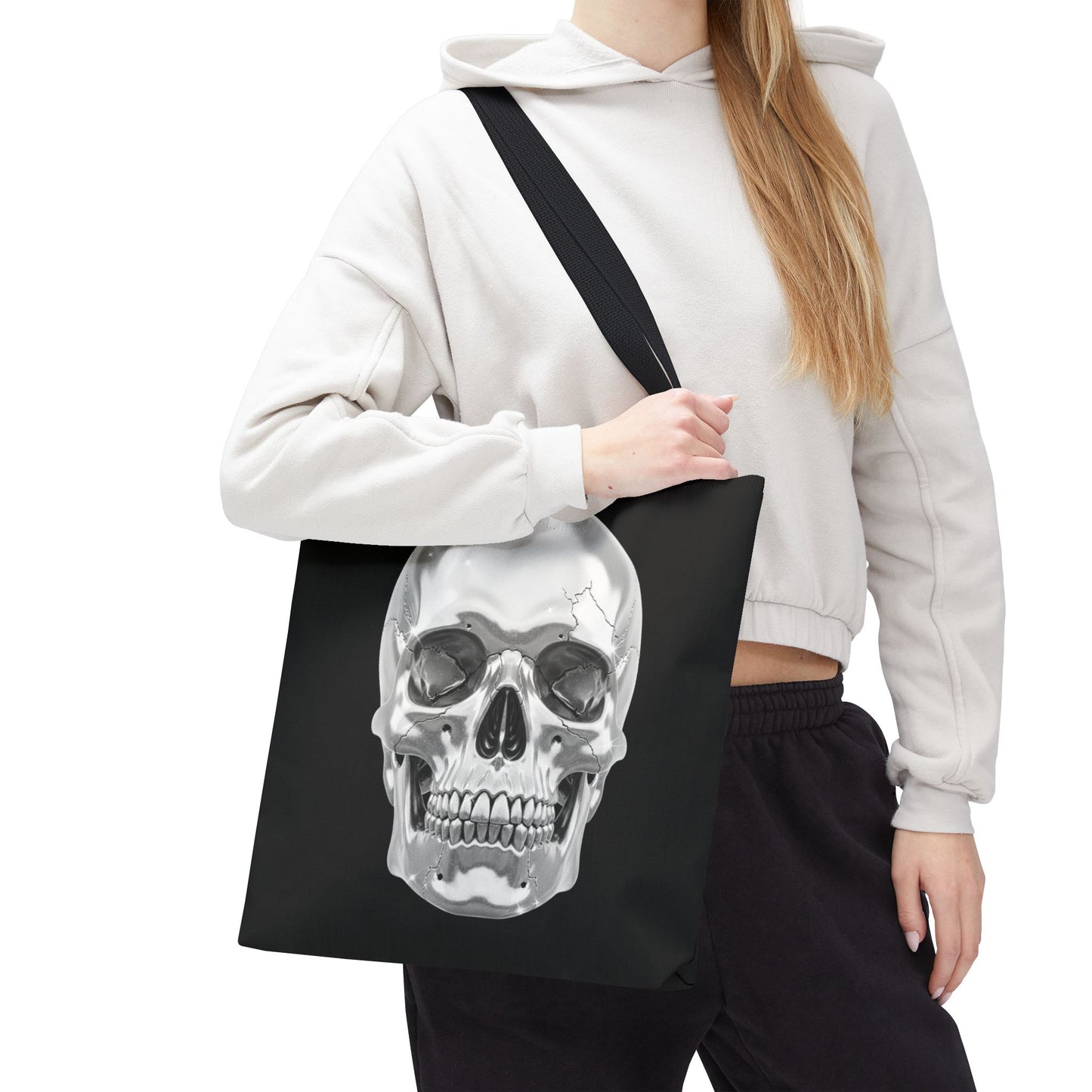 Chrome Skull Tote Bag, Gothic Halloween Canvas Tote, Metallic Skull Design Bag, Spooky Season Accessory, Skull Gift Tote For Horror Fans