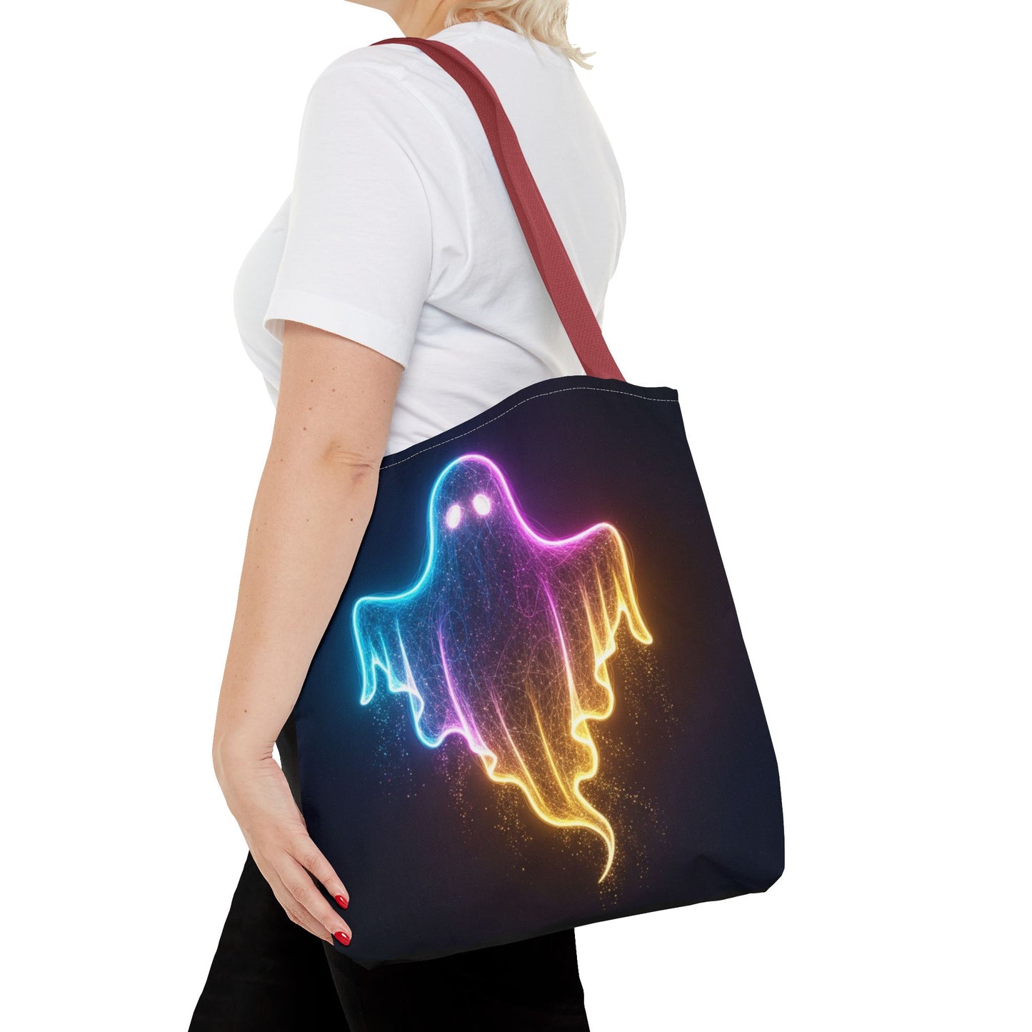 Neon Ghost Tote Bag - Bright Colorful Ghost Print Shoulder Tote, Spooky Cute Reusable Canvas Bag, Halloween Aesthetic Everyday Carry