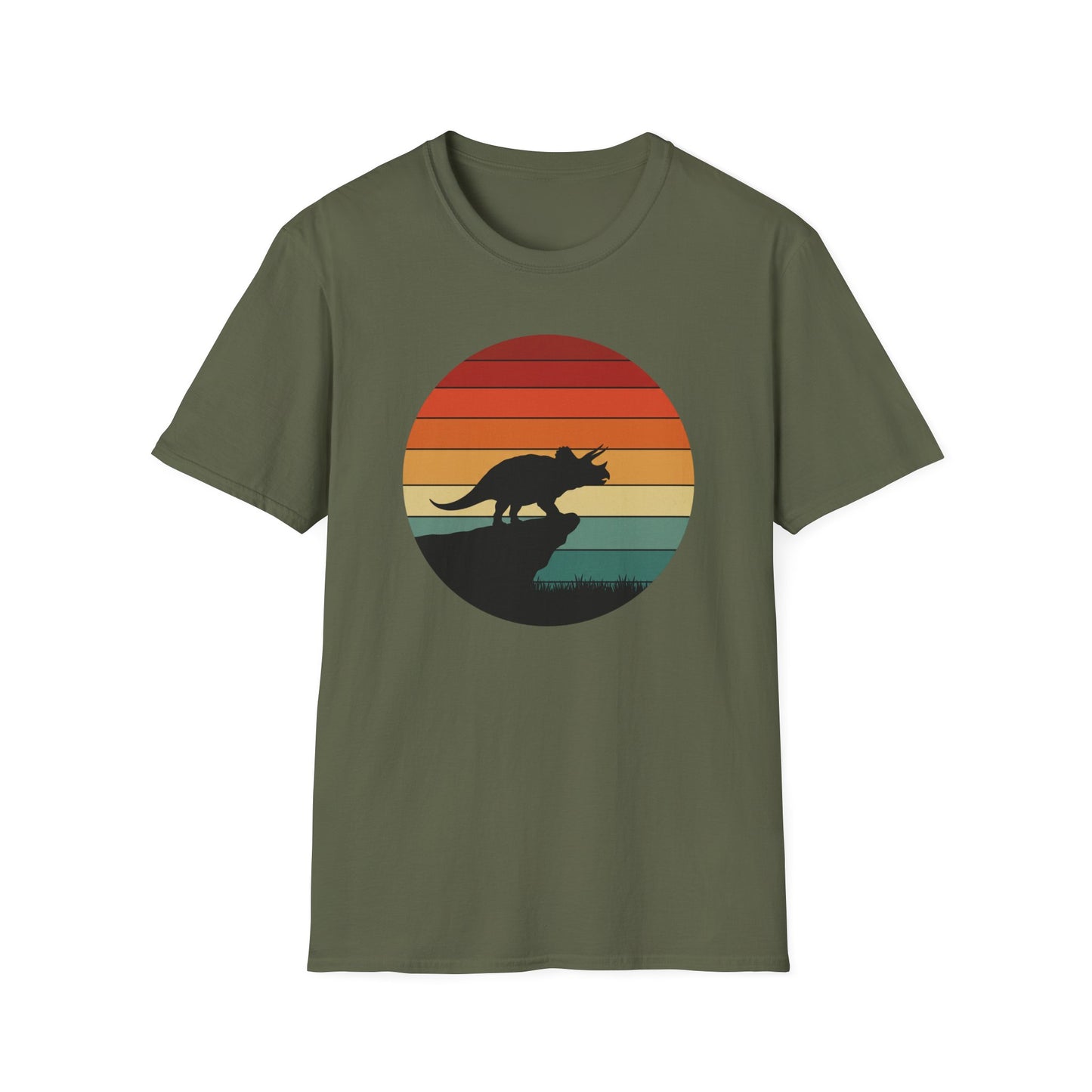 Retro Triceratops Sunset T-Shirt - Vintage Dino Graphic Tee - Unisex Softstyle Dinosaur Shirt - Nature and Prehistoric Lover Gift