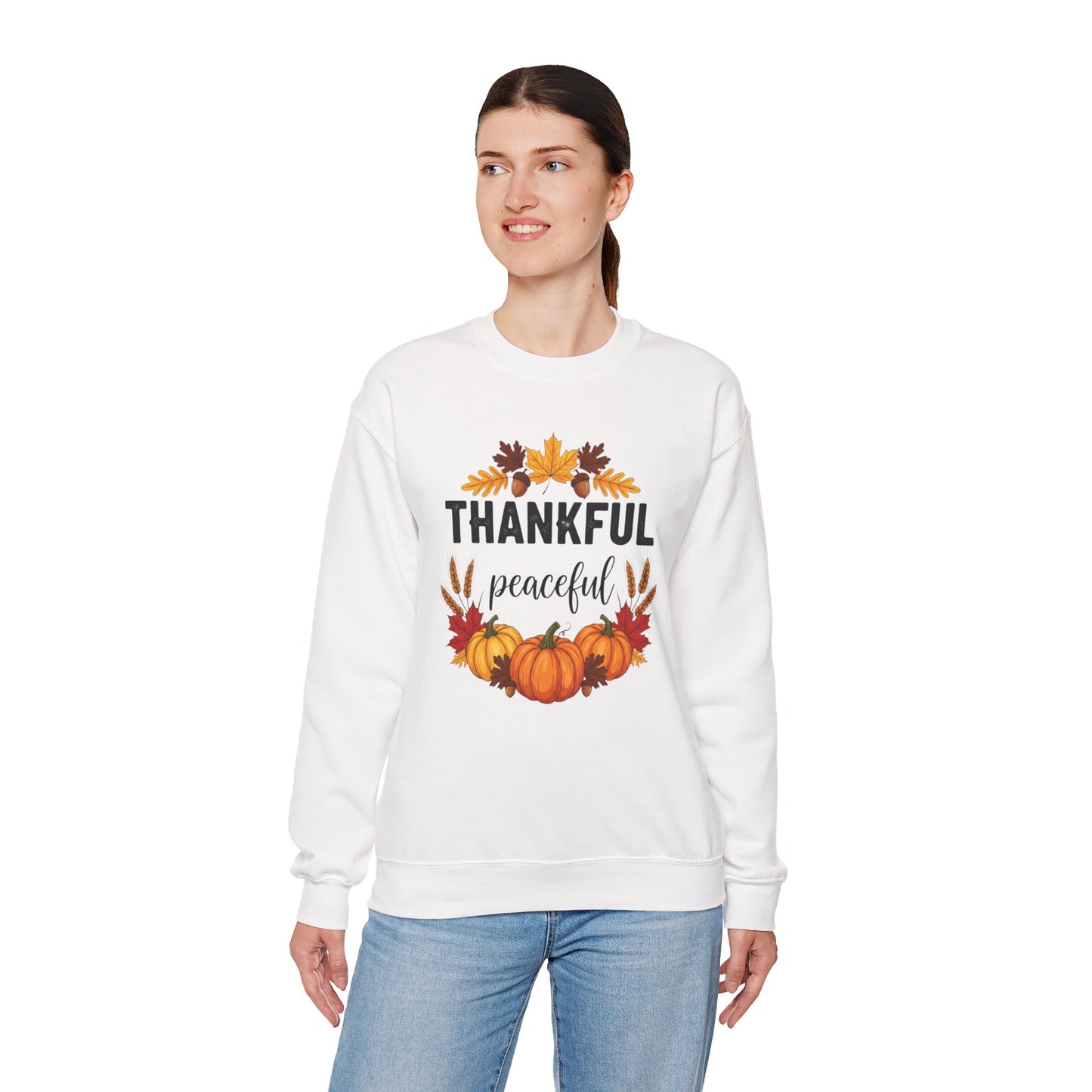 Thankful Peaceful Fall Sweatshirt, Autumn Pumpkin Crewneck, Thanksgiving Sweater, Cozy Seasonal Pullover, Gratitude Gift For Women Men