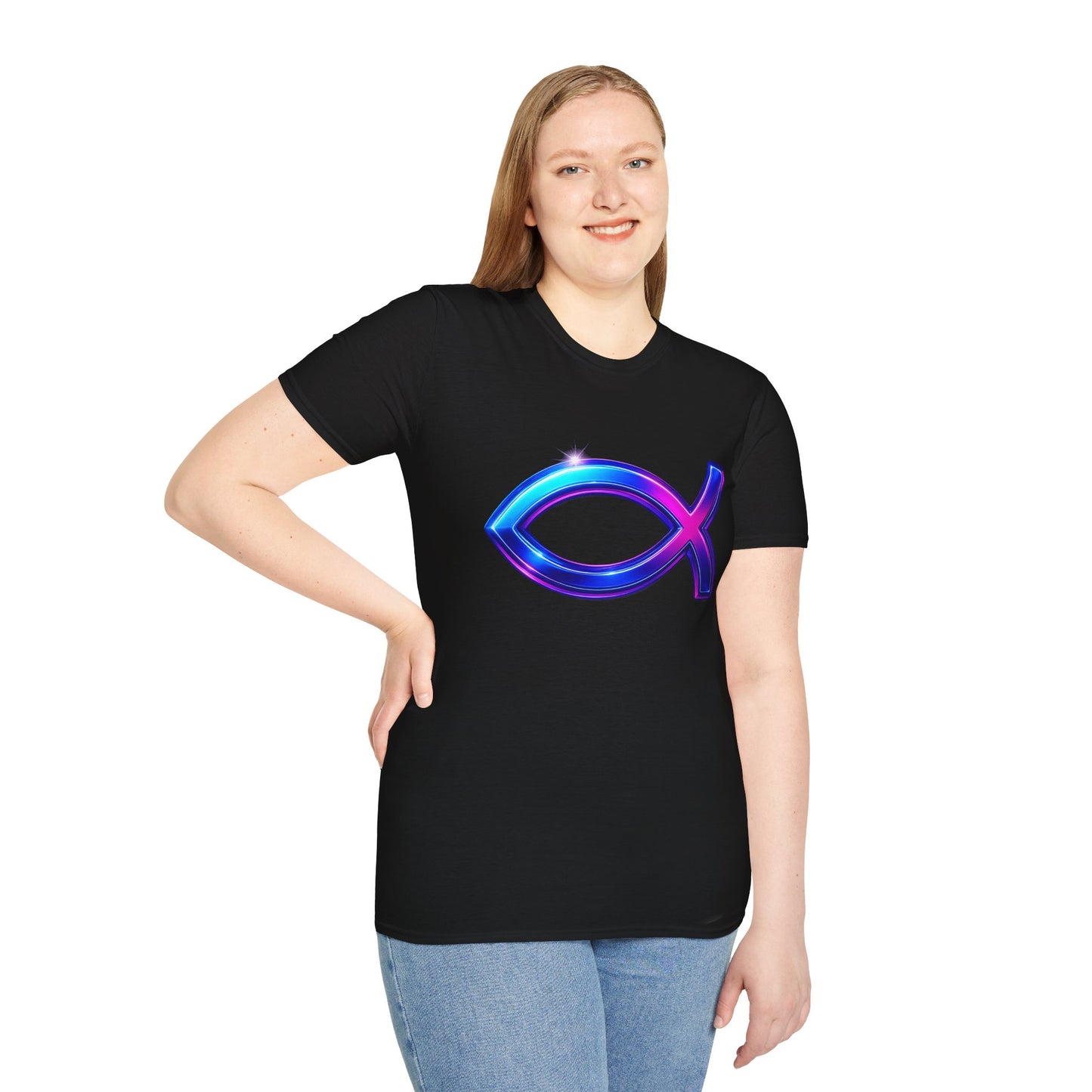 Neon Christian Fish T-Shirt, Modern Faith Tee, Ichthys Jesus Shirt, Spiritual Gift For Men And Women, Glow Cross Symbol Graphic Tee