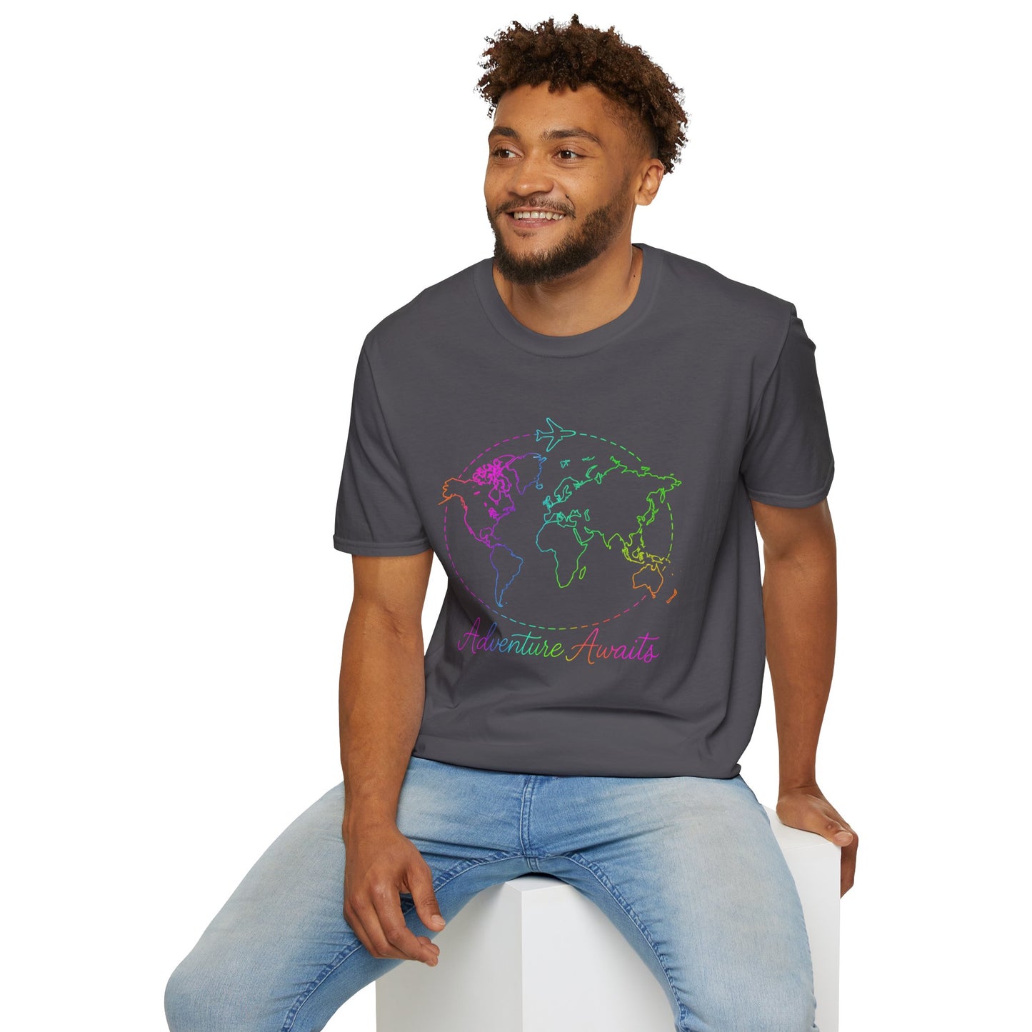 Adventure Awaits Neon Y2K Shirt - Retro Travel Tee, Rainbow Globe Graphic, Aesthetic Vacation Top, Y2K Gift for Travelers