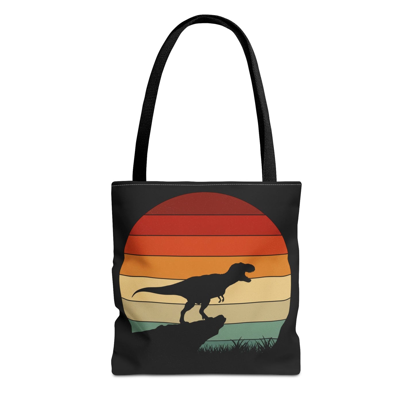 Retro Dinosaur Sunset Tote Bag | AOP Canvas Shopper - Eco Beach Bag for Dino Lovers and Kids, All-Over Print Summer Travel Gift