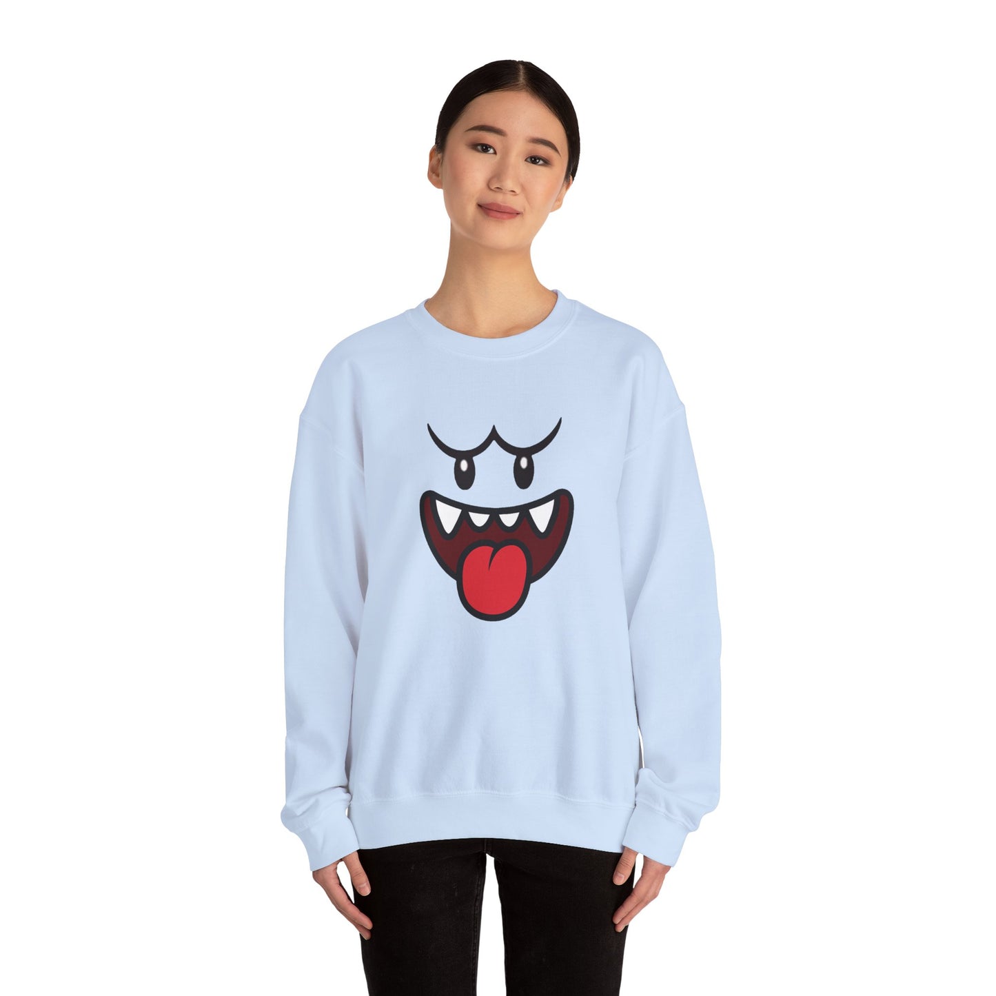 Spooky Grin Sweatshirt, Cartoon Ghost Face Crewneck, Halloween Grinning Ghost Sweatshirt, Cute Monster Smile Pullover, Spooky Season Graphic Sweat
