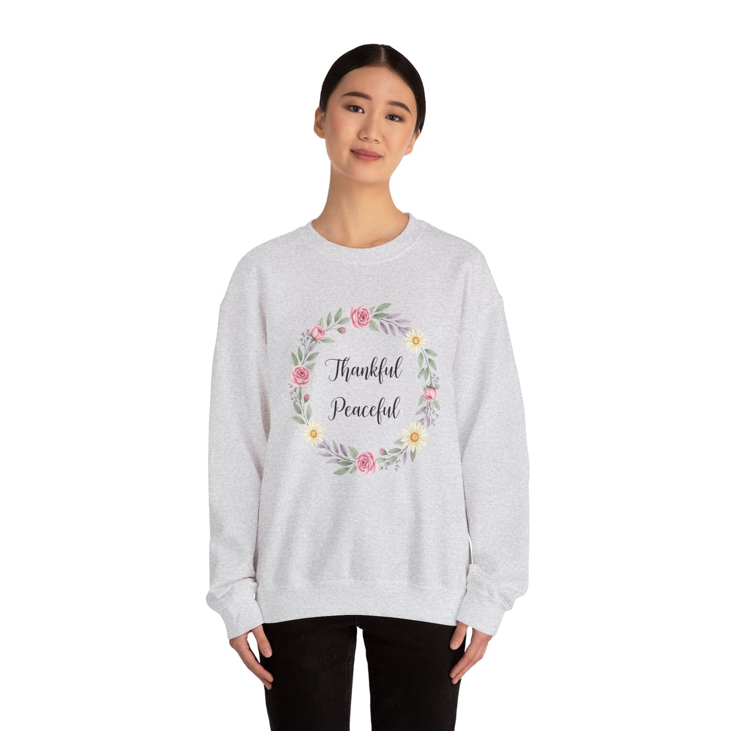 Thankful Peaceful Sweatshirt, Floral Wreath Crewneck, Inspirational Quote Sweater, Positive Message Pullover, Uplifting Gift For Women
