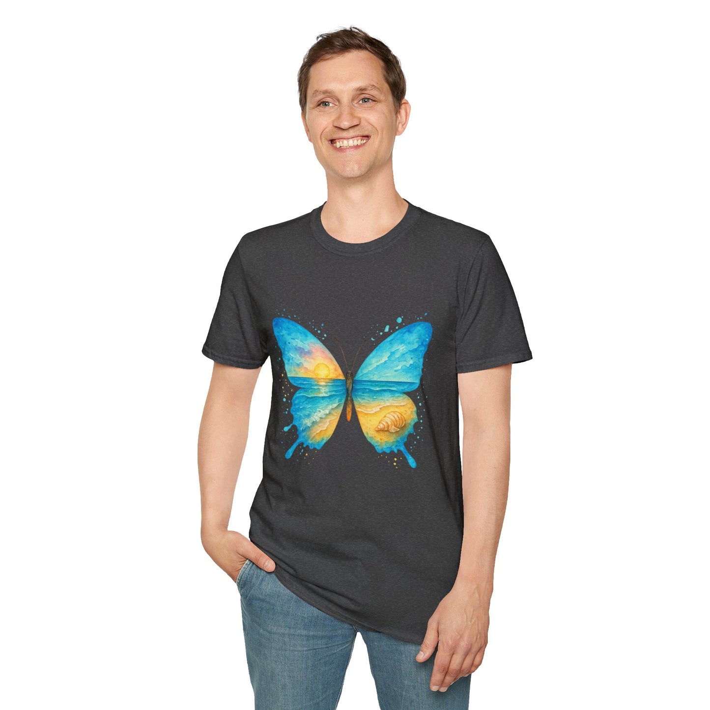 Butterfly Sunset Beach Tee - Scenic Butterfly Graphic Shirt, Nature Lover Gift, Boho Ocean Tee, Unisex Casual T-Shirt
