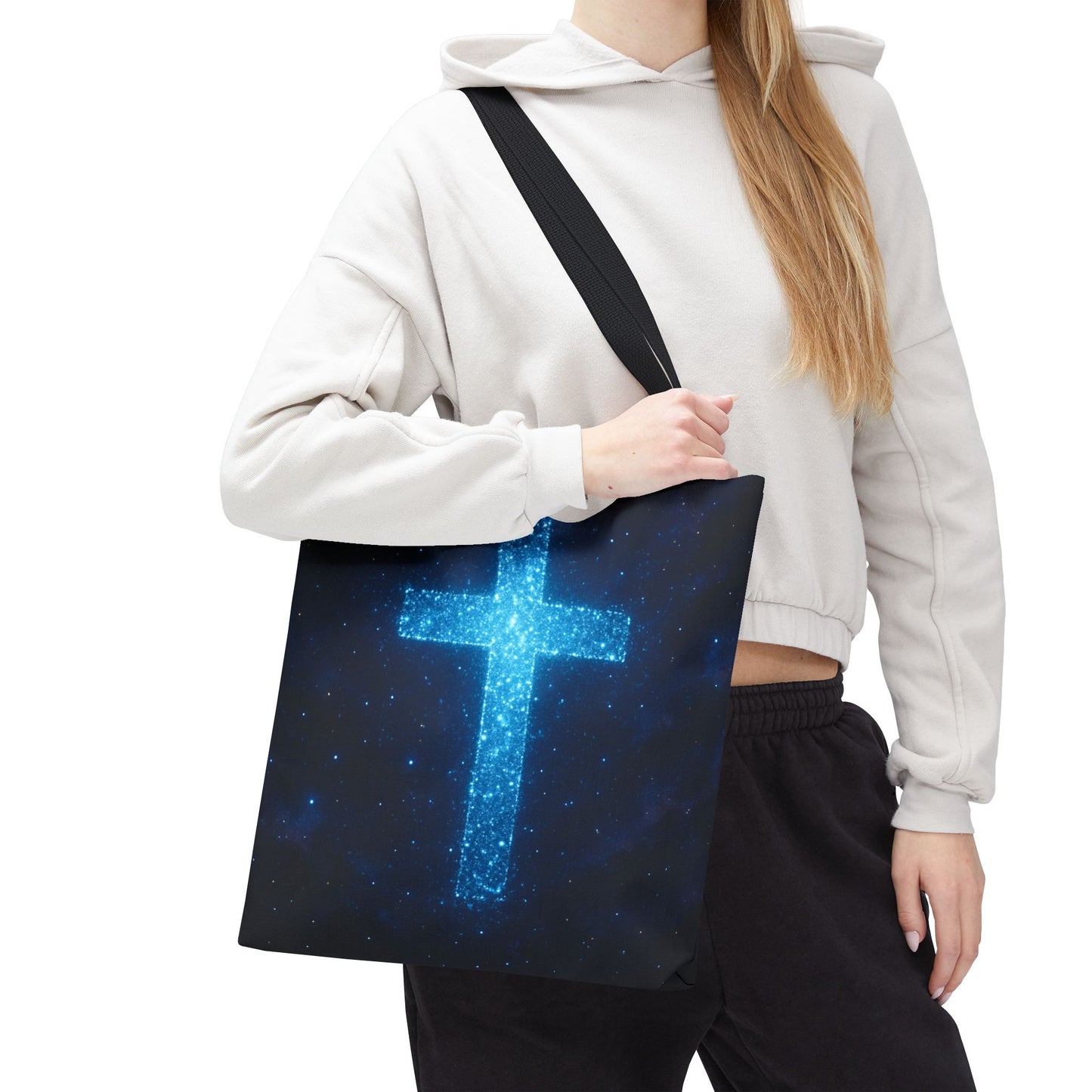 Sparkling Cross Tote Bag - Inspirational Blue Cosmic Bag Christian Tote Spiritual Bag Inspirational Tote Bag