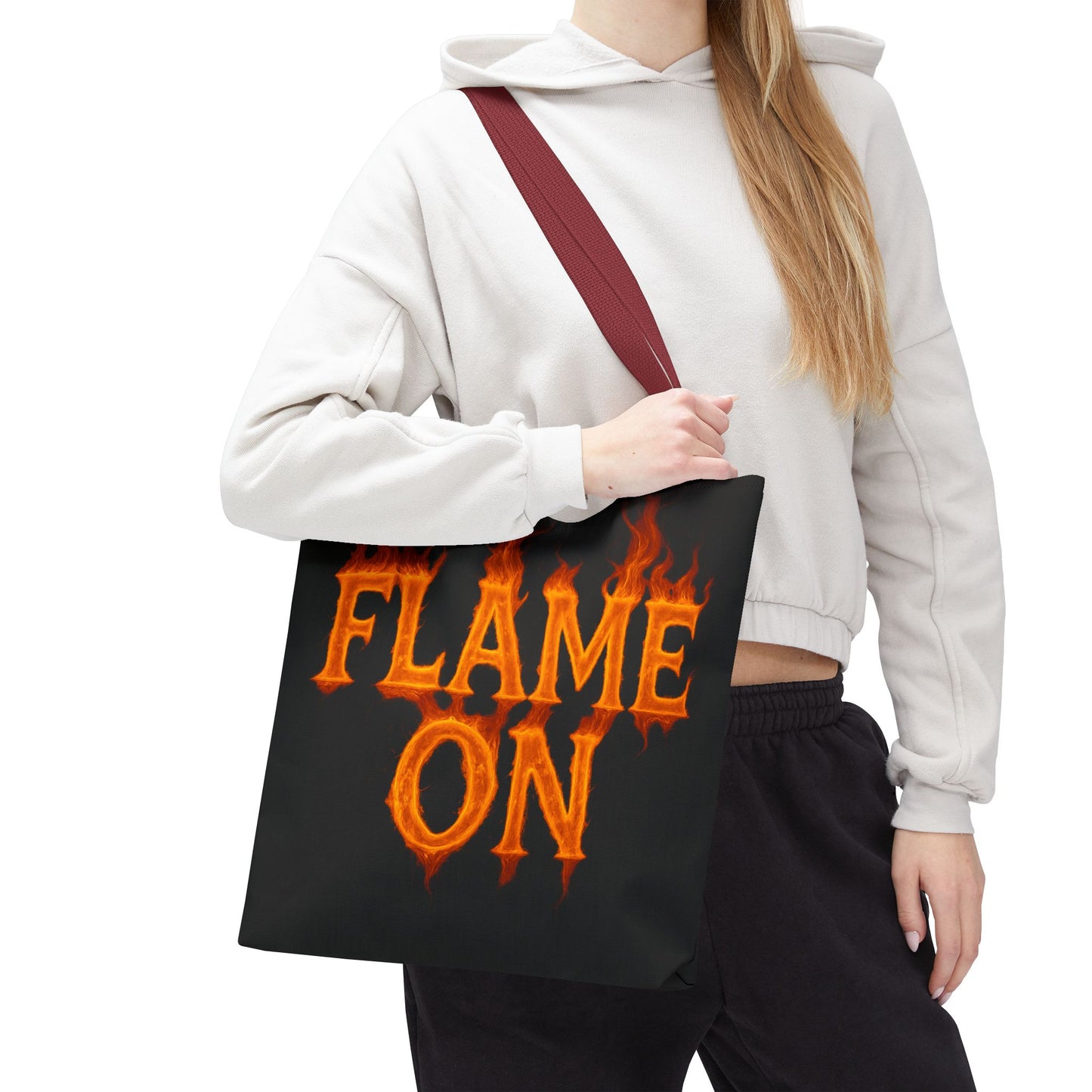 Flame On Tote Bag - Fire Typography Black Bag for Book Lovers, Gym, or Groceries | Bold Comic-Inspired Catchphrase Tote