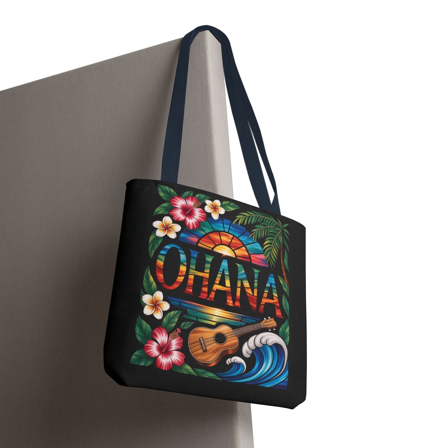 Ohana Tote Bag – Hawaiian Tropical Beach Bag with Ukulele, Sunset & Hibiscus Flowers, Island Gift for Women, Aloha Family Vibes