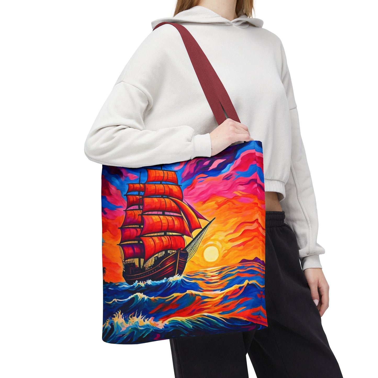Crimson Voyage Tote Bag, Red Sailboat At Sunset Artistic Ocean Design, Nautical Reusable Tote For Beach, Travel, And Everyday Use