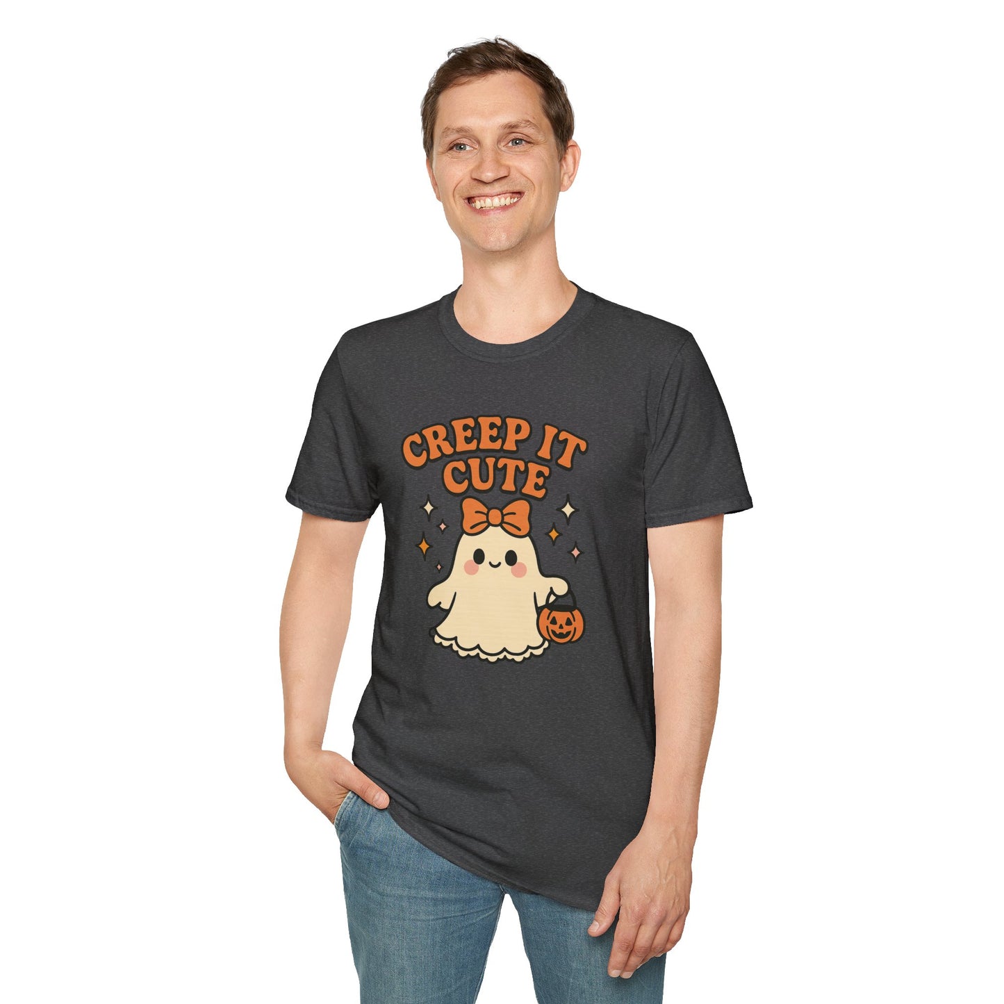 Creep It Cute Ghost Halloween Shirt - Kawaii Ghost Tee with Bow and Pumpkin, Spooky-Cute Fall Graphic T-Shirt, Spooky Season Halloween Top