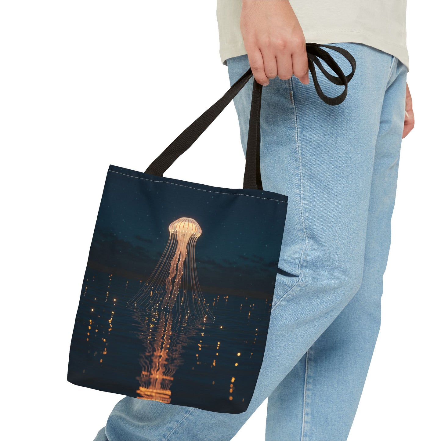 Luminous Jellyfish Tote Bag, Glow-Inspired Ocean Design Shoulder Bag, Durable Polyester Tote For Everyday Style, Gifts, And Coastal Fashion