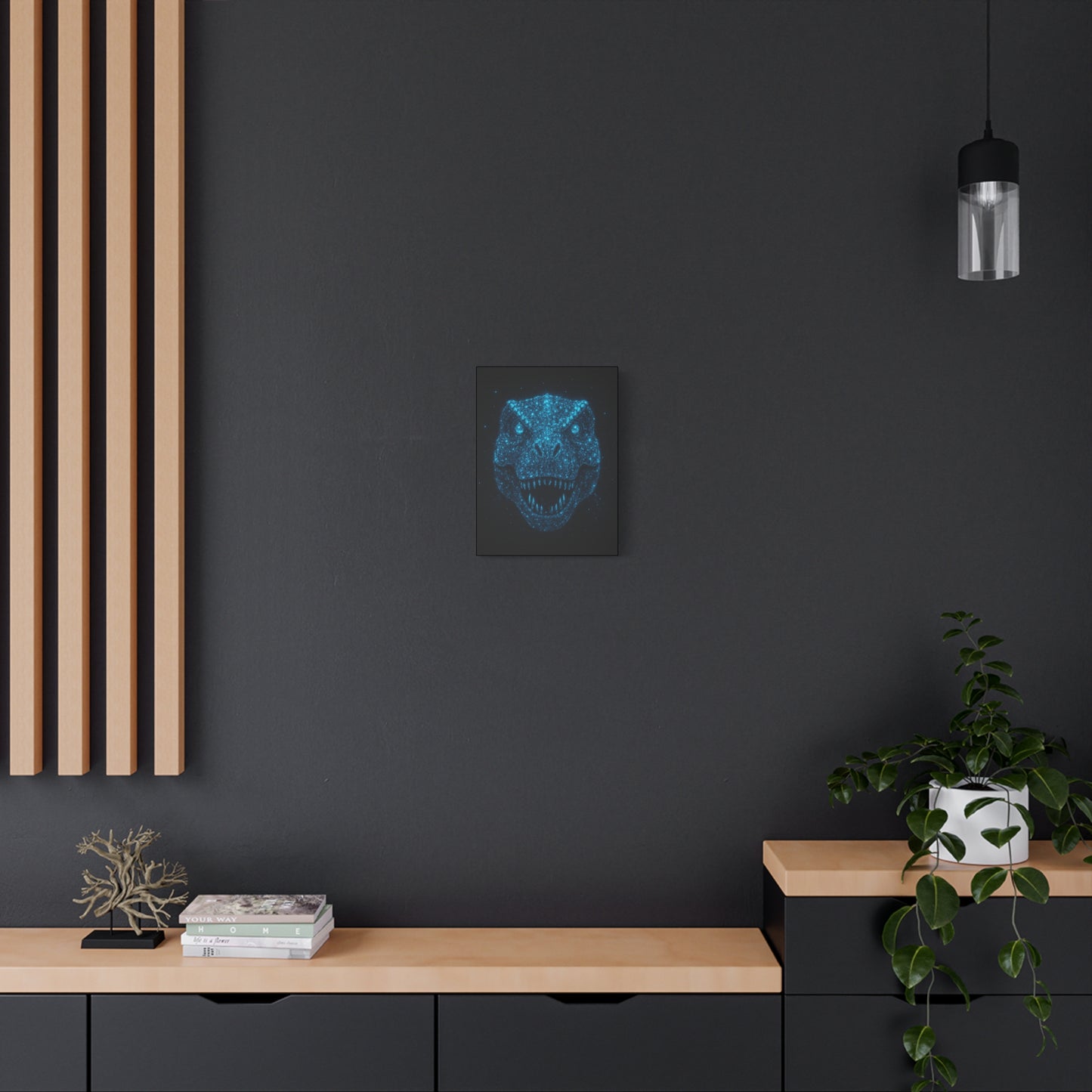 T-Rex Canvas Art - Blue Bioluminescent Particles Dinosaur Wall Decor, Modern Sci-Fi Bedroom Print, Kids and Adult Room Art Gift