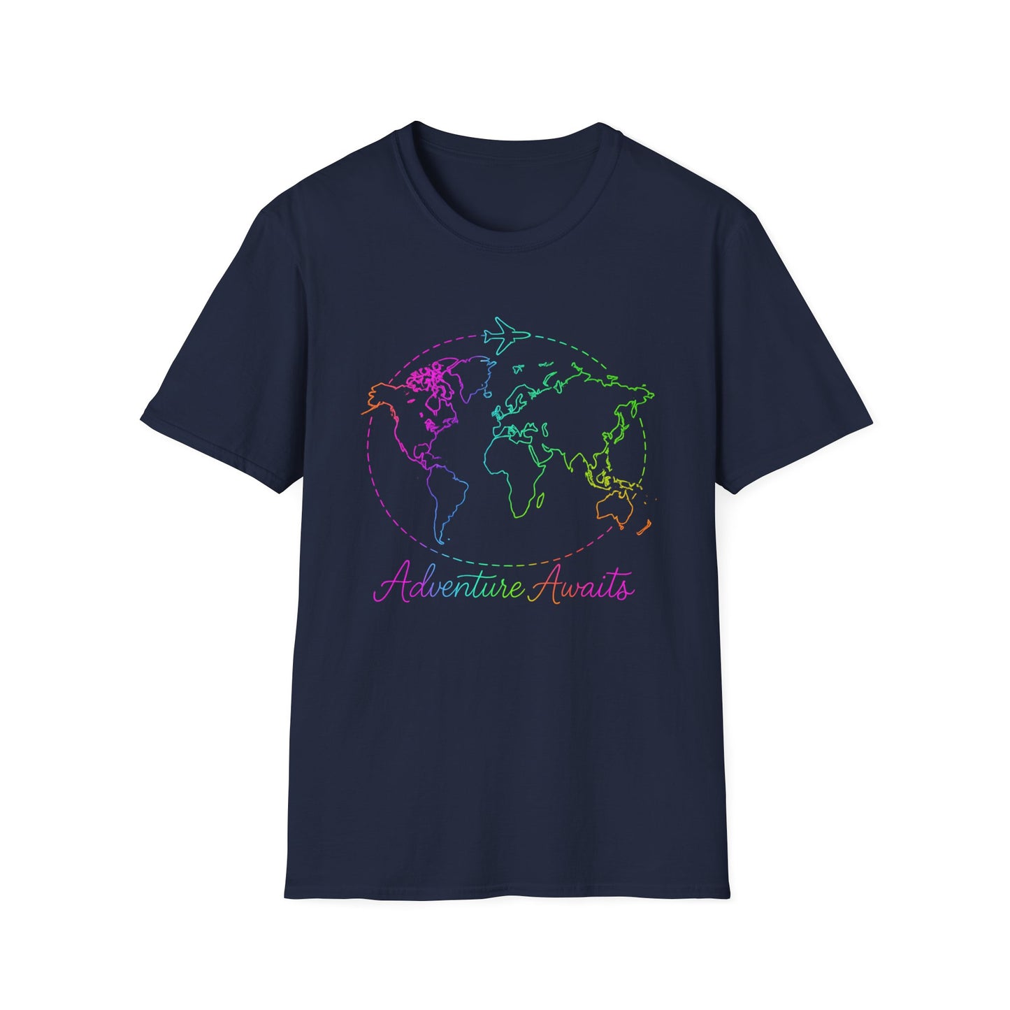 Adventure Awaits Neon Y2K Shirt - Retro Travel Tee, Rainbow Globe Graphic, Aesthetic Vacation Top, Y2K Gift for Travelers