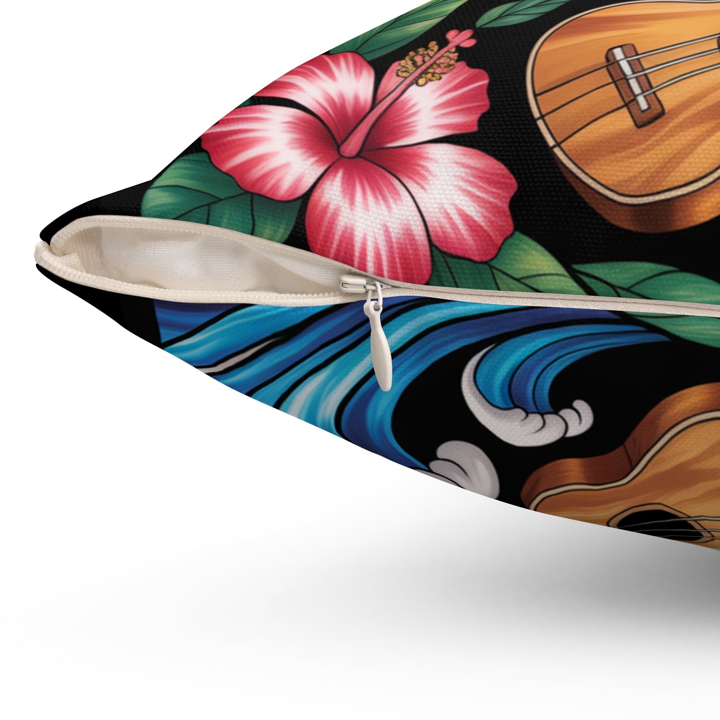 Ohana Throw Pillow – Hawaiian Sunset Cushion with Ukulele & Tropical Flowers, Aloha Decor, Beach House Accent, Family Gift, Island Living