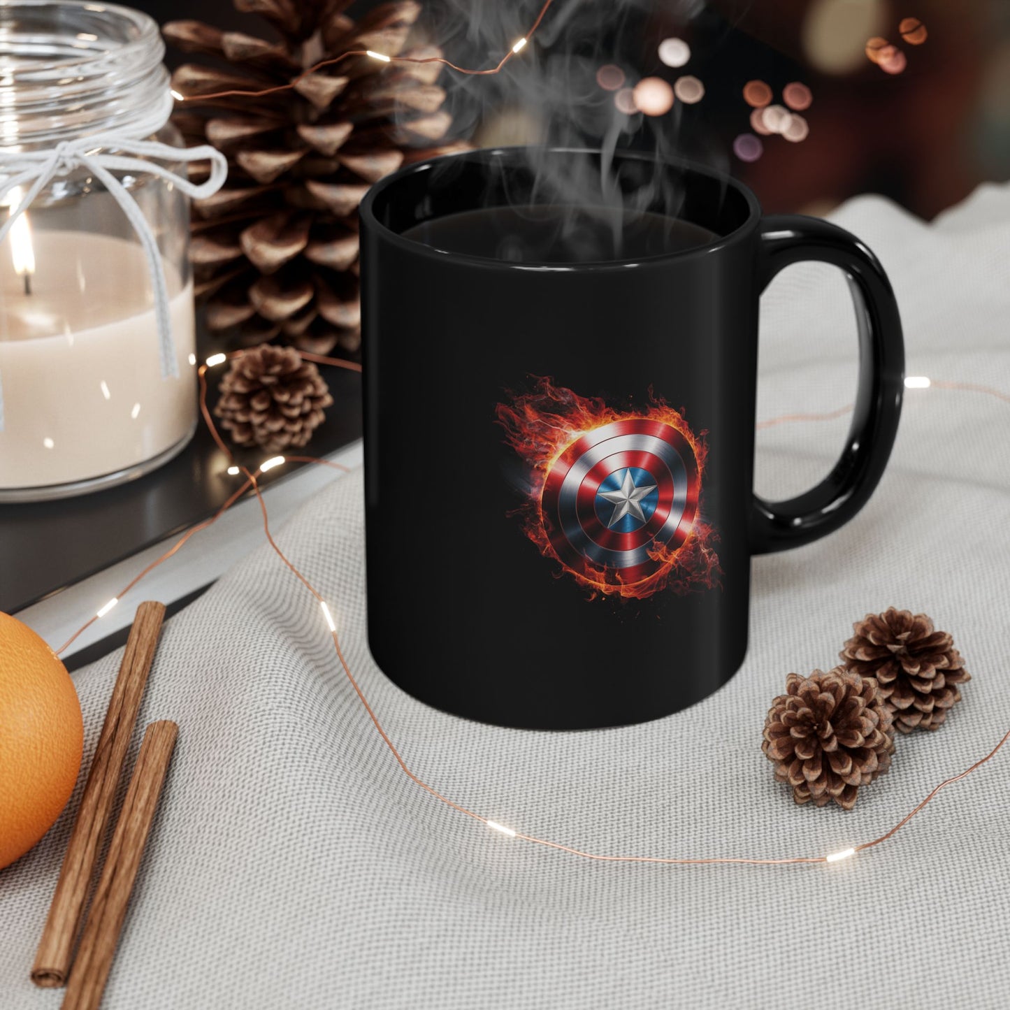 Flaming Shield Emblem Mug - Fiery Red White Blue Star Coffee Cup, Metal-Inspired Symbol Design, Bold Hero Vibes Gift for Fans and Coffee Lovers