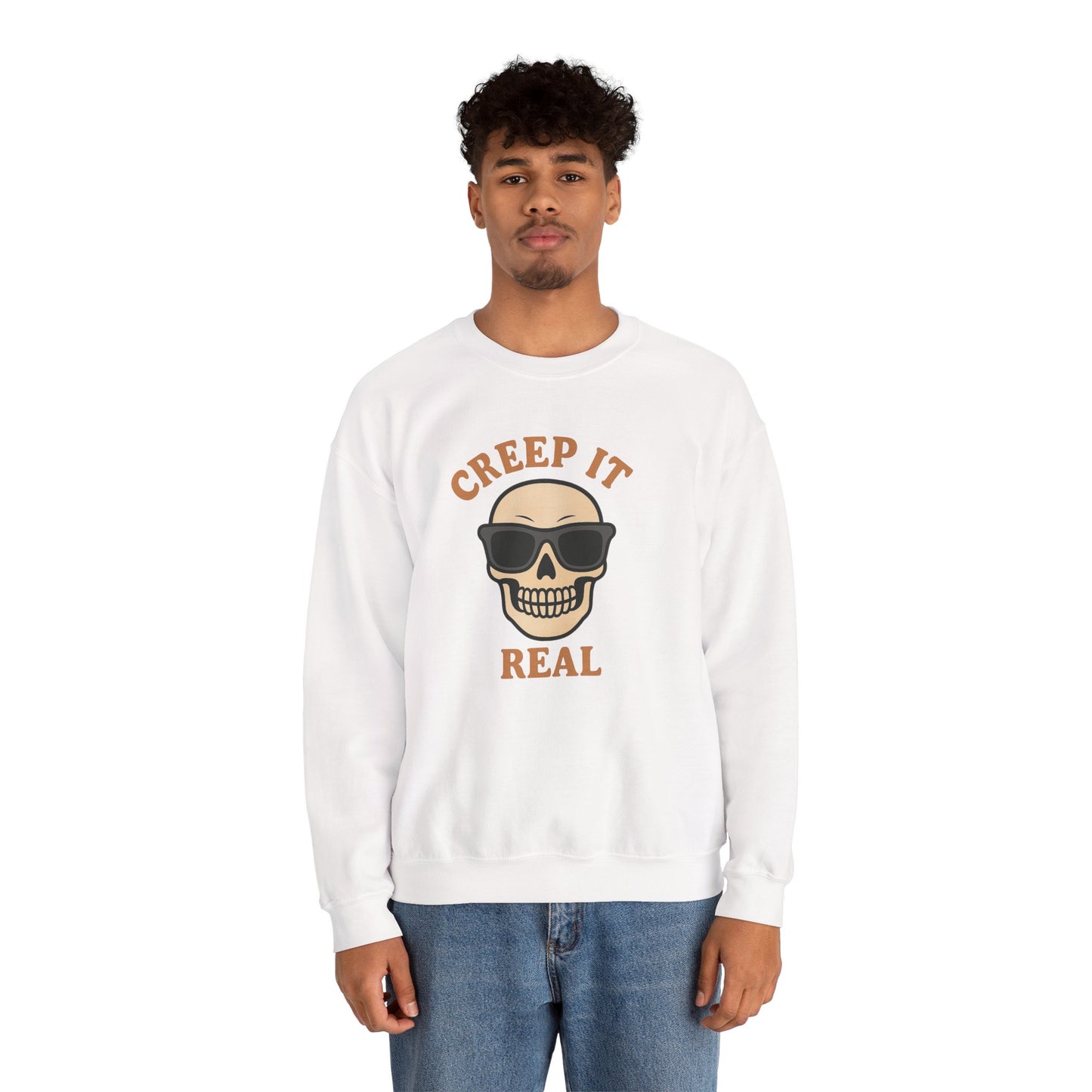Creep It Real Skull Sweatshirt, Funny Halloween Skull Crewneck, Spooky Skeleton Pullover, Dark Graphic Sweatshirt, Unisex Halloween Gift