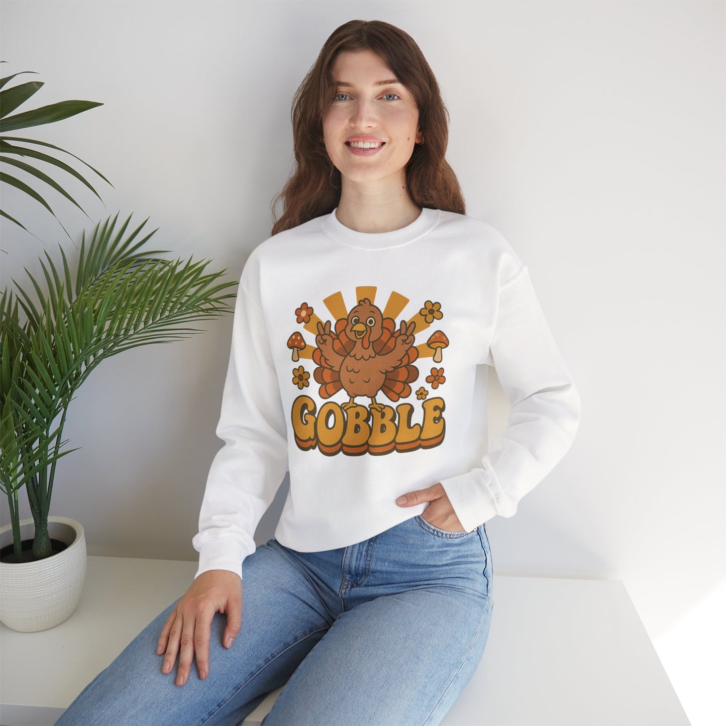 Gobble Turkey Sweatshirt, Retro Fall Turkey Crewneck, Thanksgiving Graphic Pullover, Autumn Mushroom & Flower Design, Cozy Fall Top