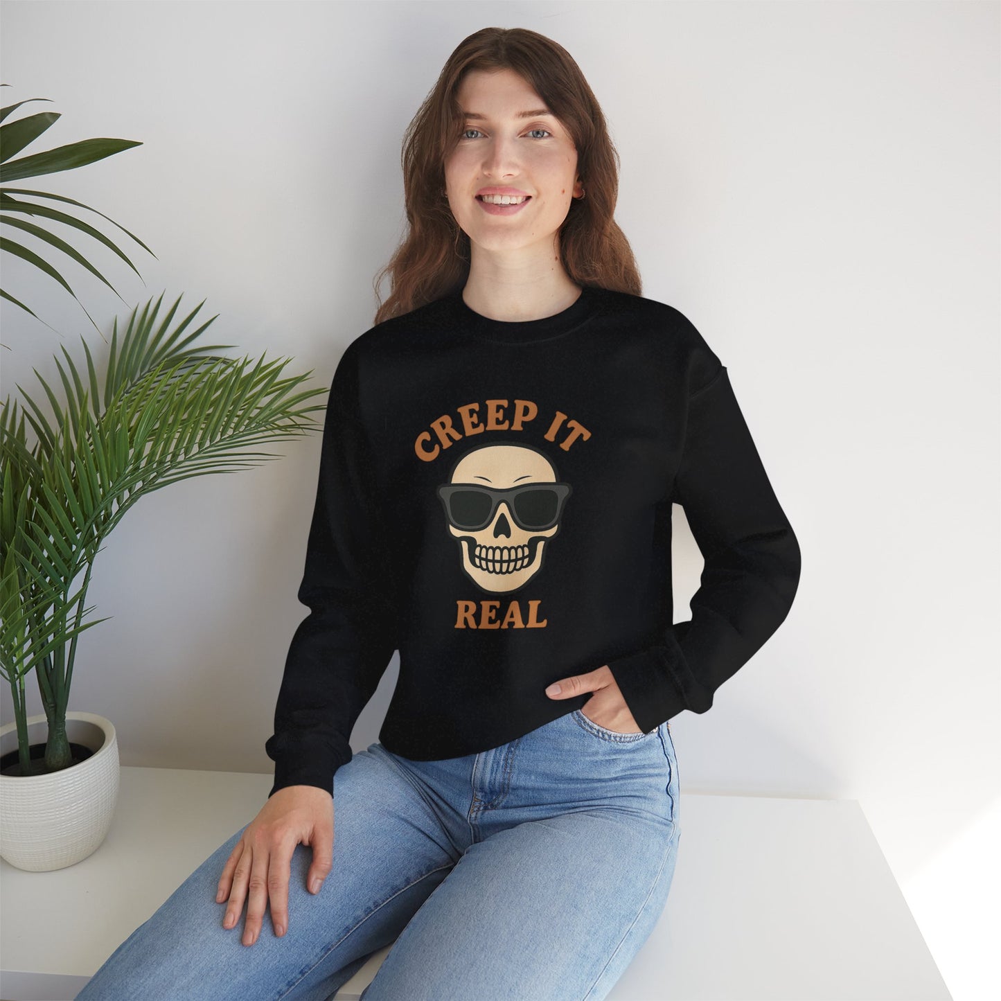 Creep It Real Skull Sweatshirt, Funny Halloween Skull Crewneck, Spooky Skeleton Pullover, Dark Graphic Sweatshirt, Unisex Halloween Gift