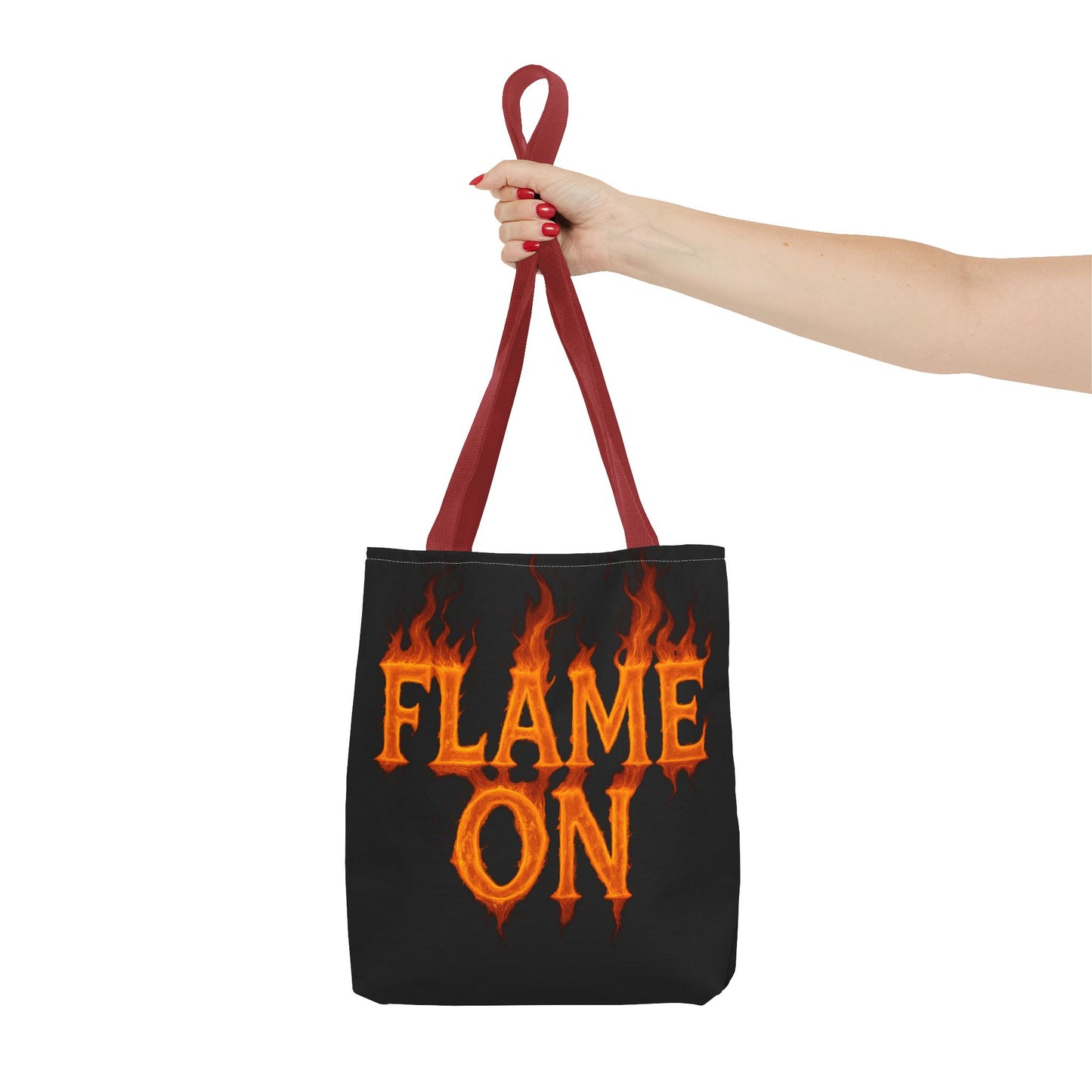 Flame On Tote Bag - Fire Typography Black Bag for Book Lovers, Gym, or Groceries | Bold Comic-Inspired Catchphrase Tote