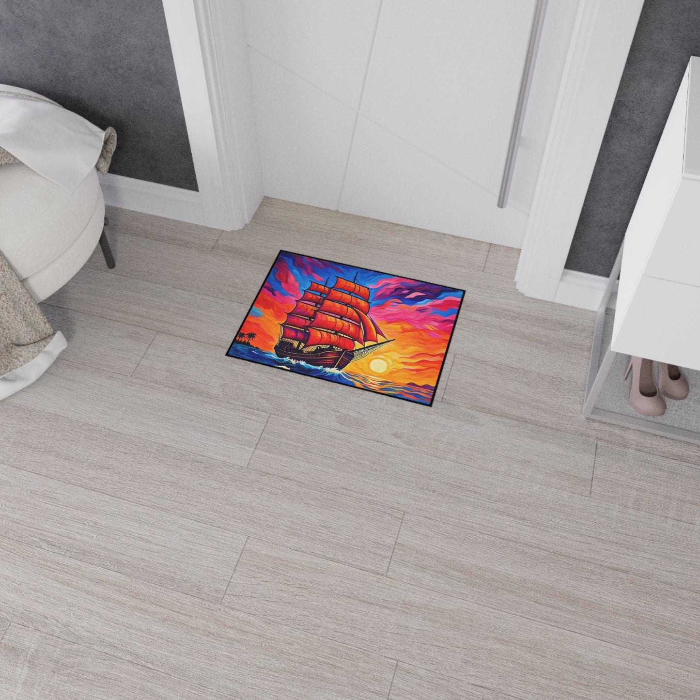 Floor Mat - Ship on Ocean at Sunset Painting